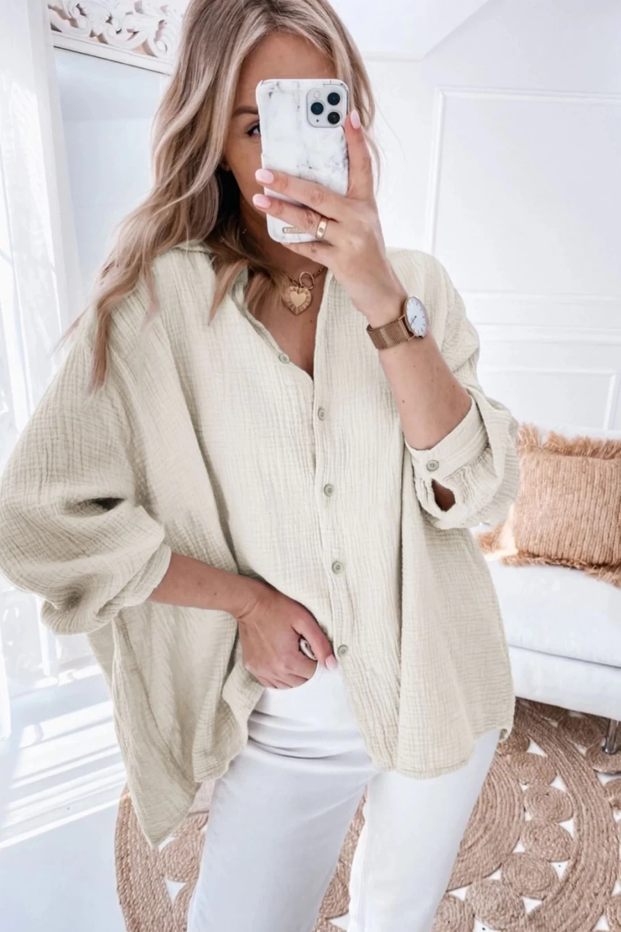 Shewin Women's Apricot Crinkle Batwing Sleeve Oversized Solid Color Shirt