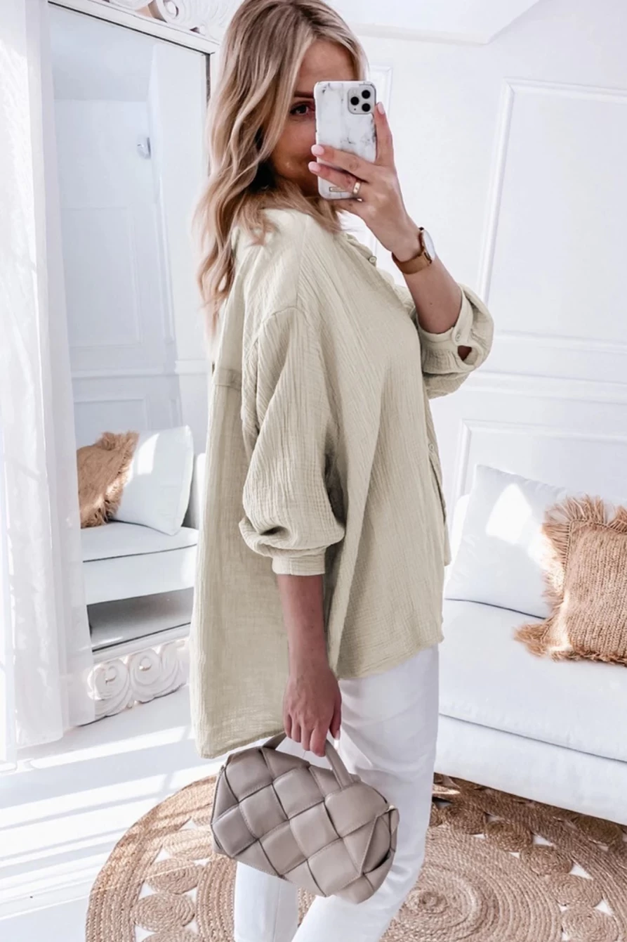Shewin Women's Apricot Crinkle Batwing Sleeve Oversized Solid Color Shirt