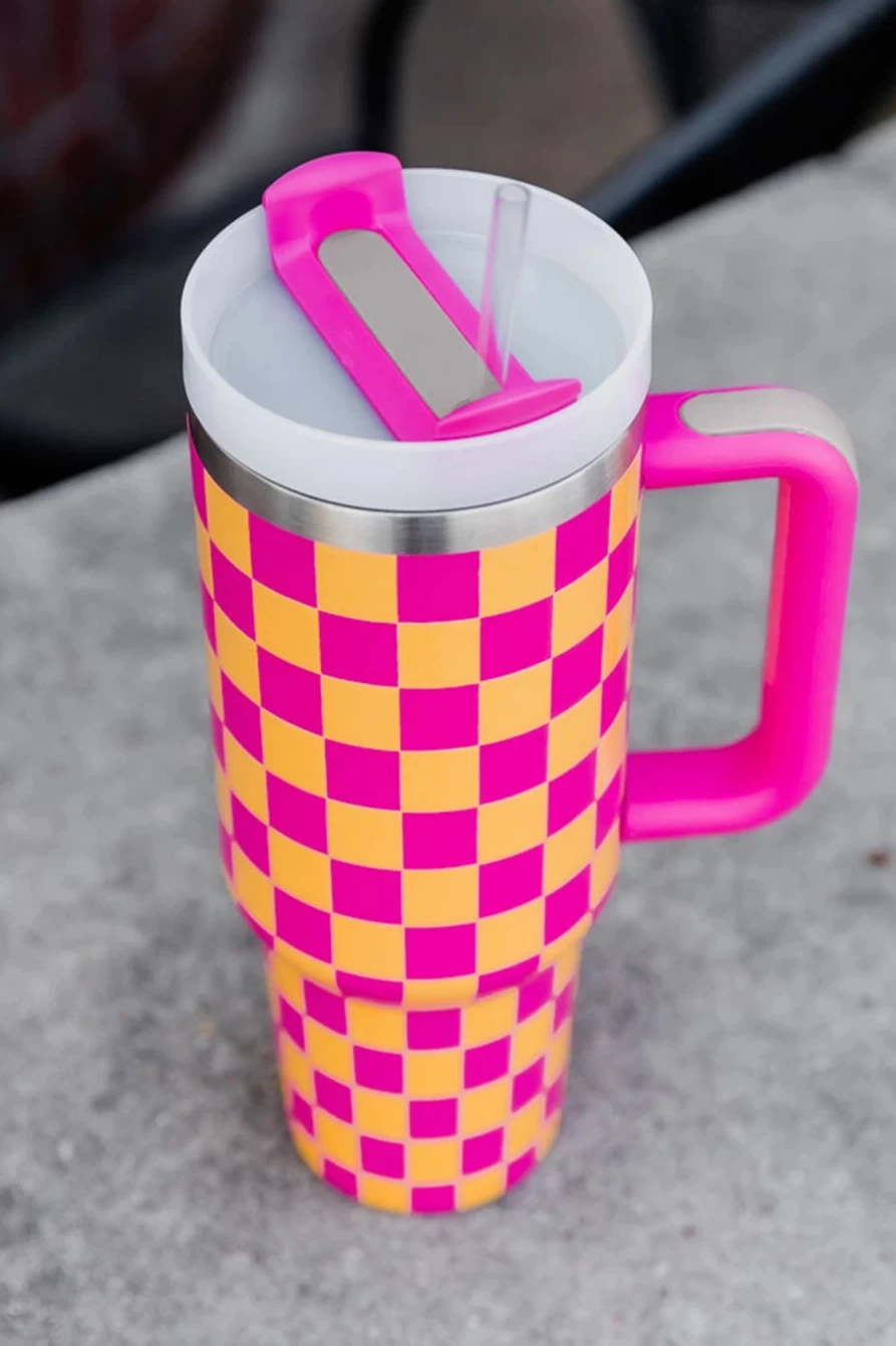 Shewin Ginger Stainless Steel Tumbler Cup for Women - Pink Checkered Print Handle, Insulated Travel Mug