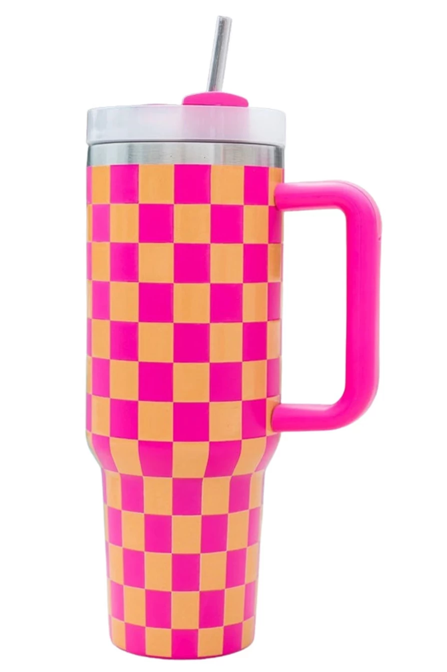 Shewin Ginger Stainless Steel Tumbler Cup for Women - Pink Checkered Print Handle, Insulated Travel Mug