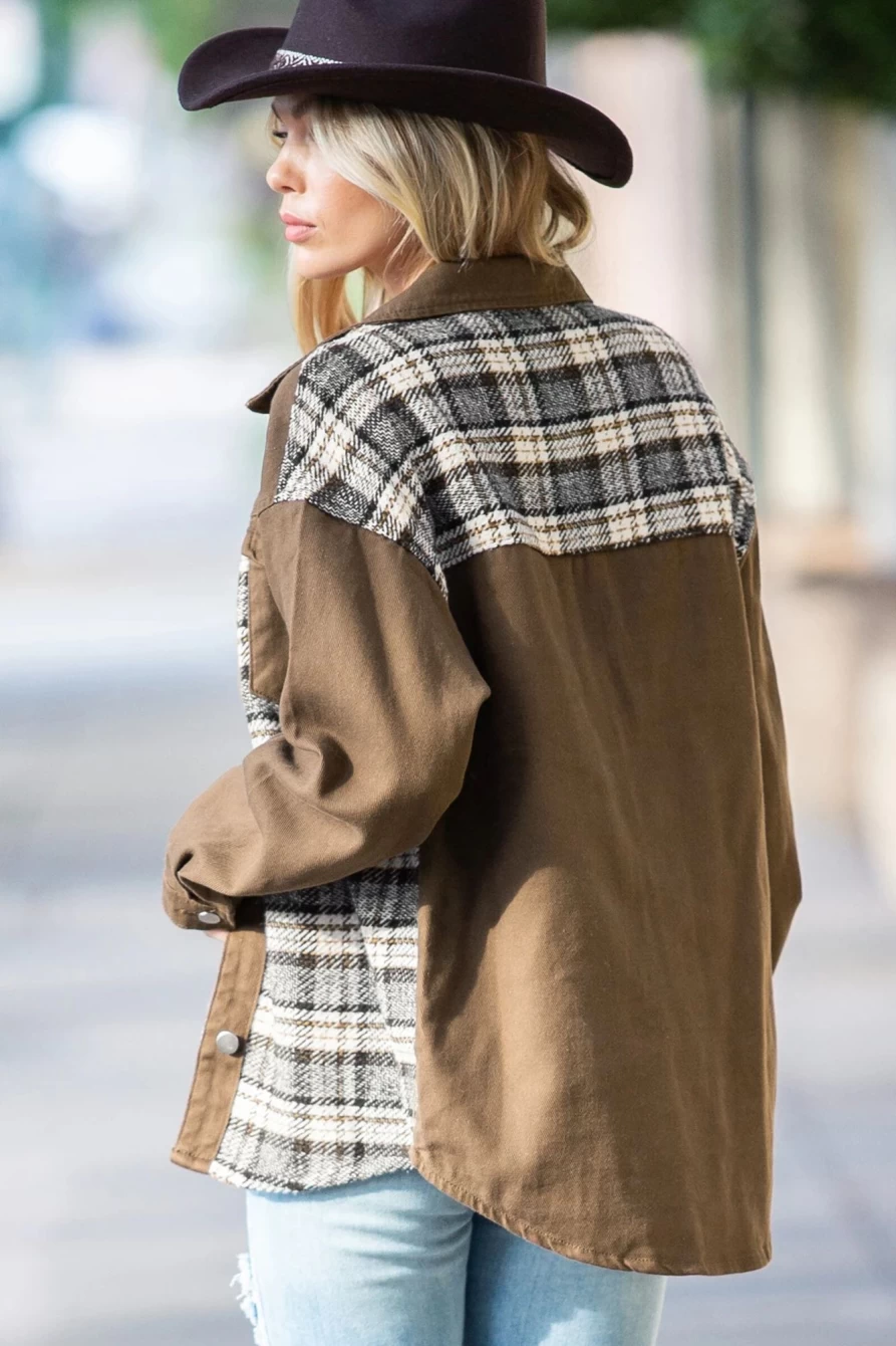 Shewin Women's Brown Plaid Patchwork Denim Jacket with Pockets