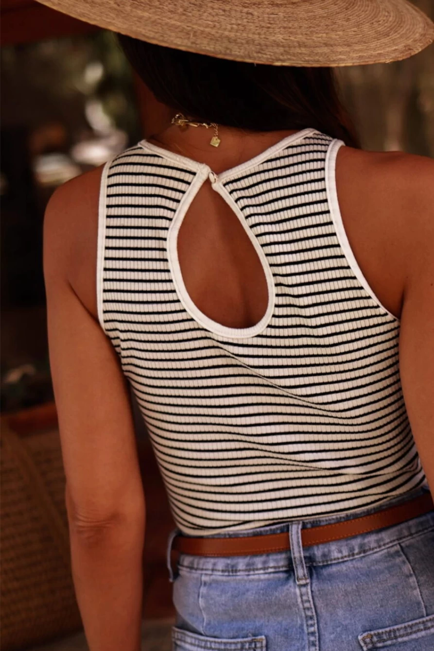 Shewin Women's White Striped Ribbed Knit Tank Top with Cutout Design