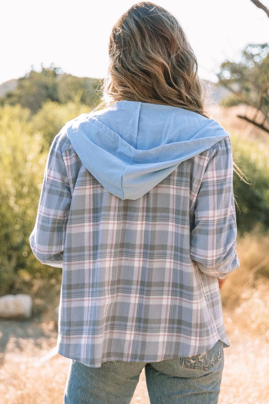 Women's Sky Blue Plaid Casual Hooded Shirt Jacket by Shewin - Lightweight Shacket for Women