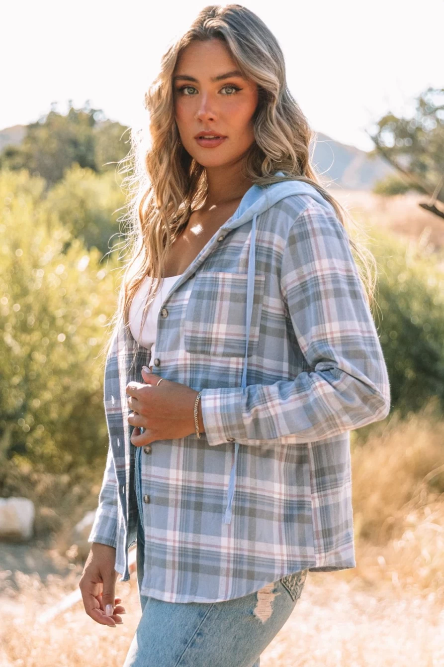 Women's Sky Blue Plaid Casual Hooded Shirt Jacket by Shewin - Lightweight Shacket for Women