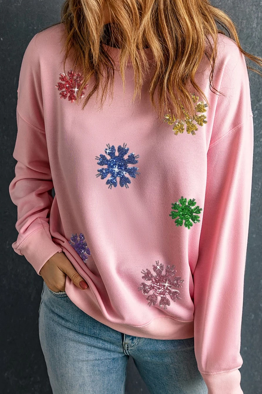 Shewin Women's Pink Sequin Snowflake Christmas Pullover Sweatshirt Holiday Graphic Top