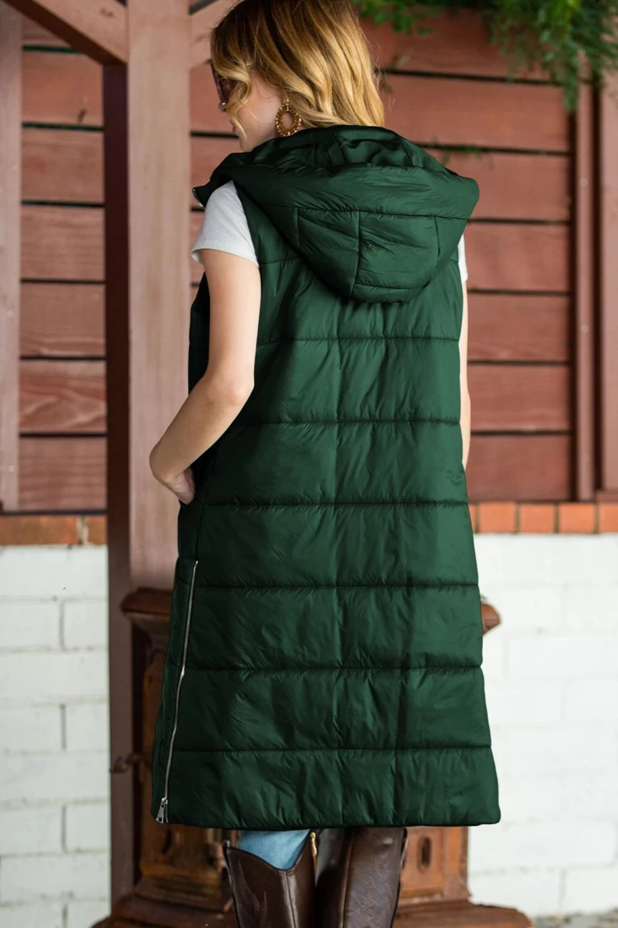 Shewin Women's Green Hooded Quilted Vest Coat with Pockets Long Length
