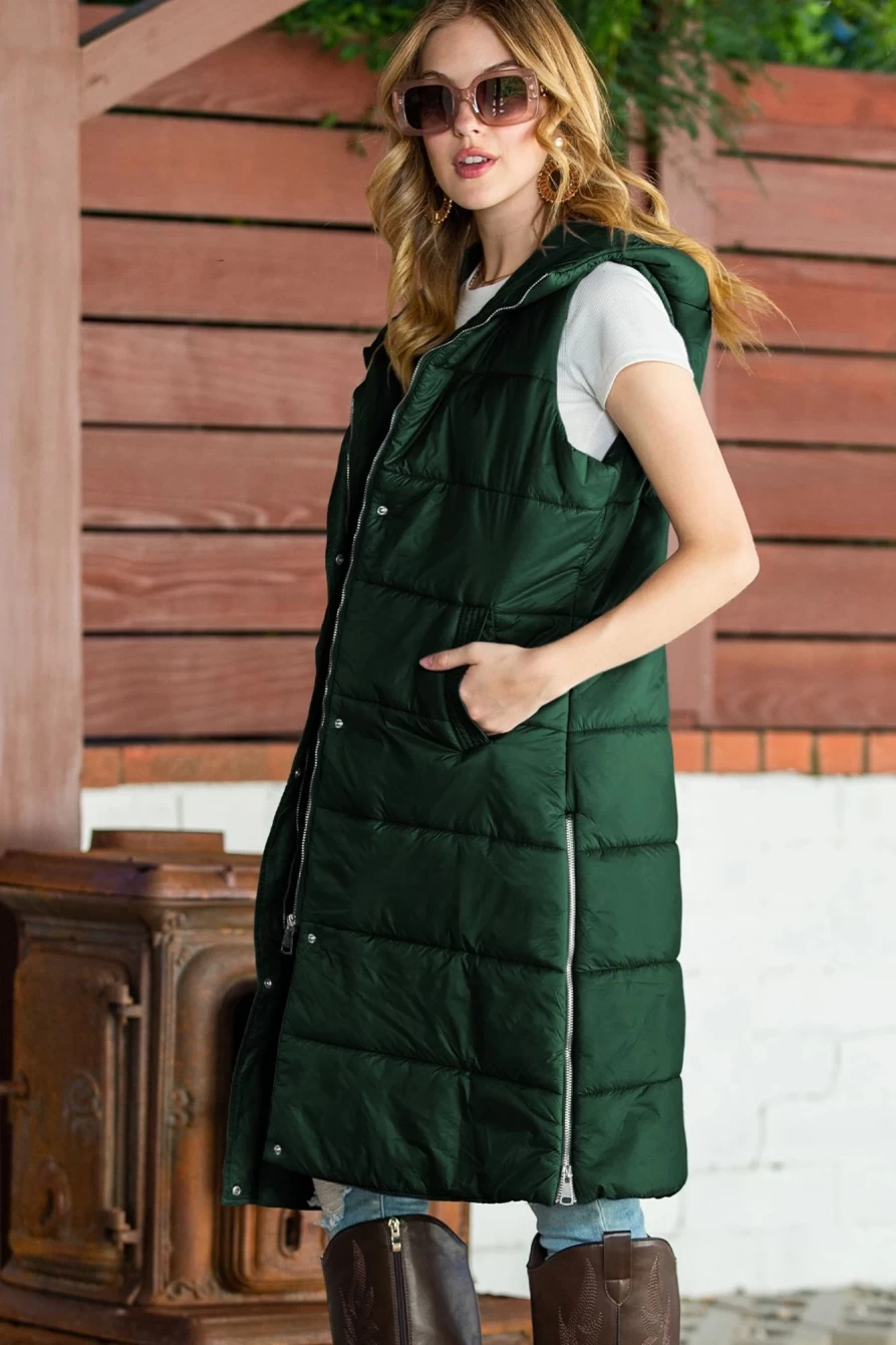 Shewin Women's Green Hooded Quilted Vest Coat with Pockets Long Length