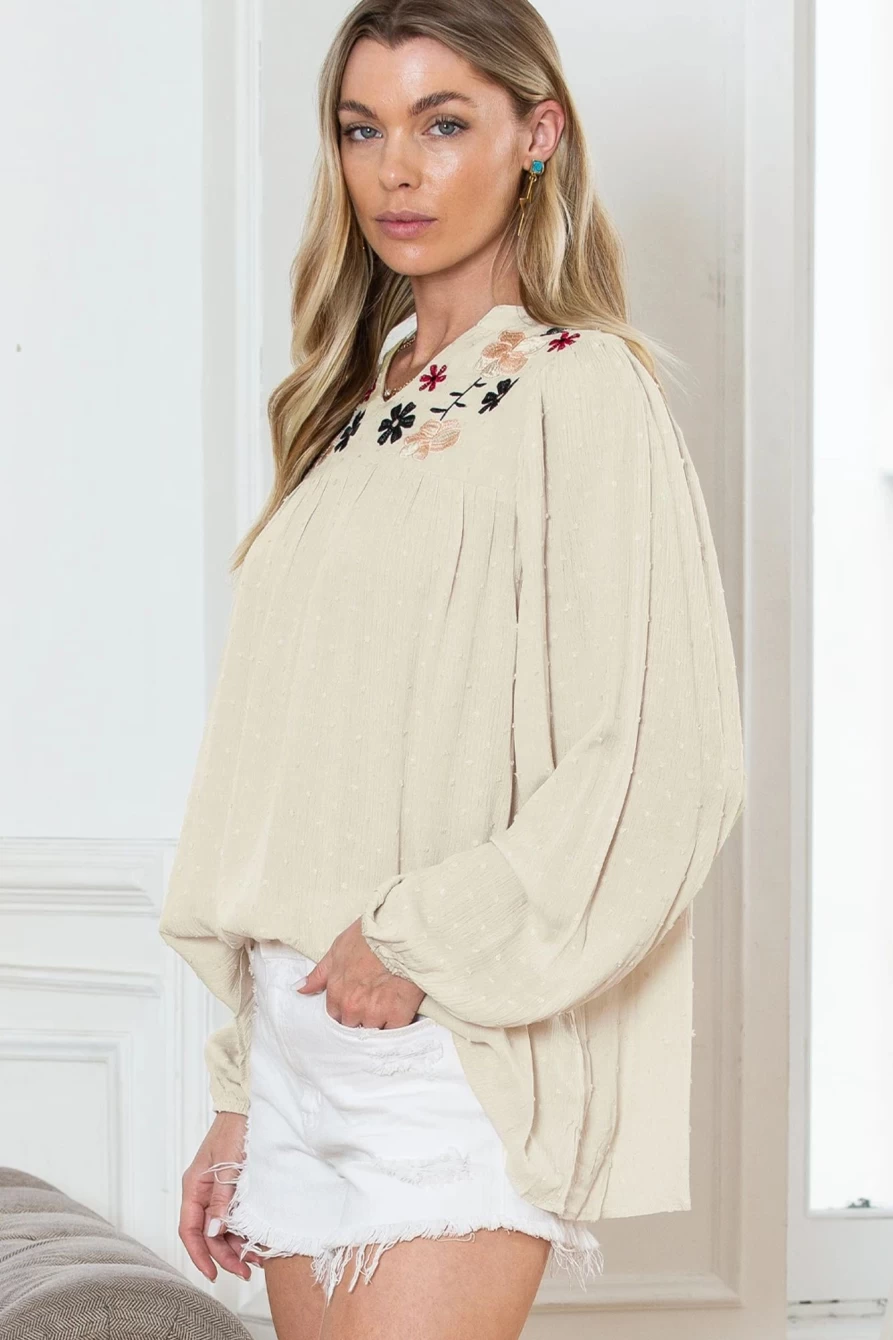 Shewin Women's Apricot Floral Embroidered Swiss Dot Babydoll Blouse with Split Neck