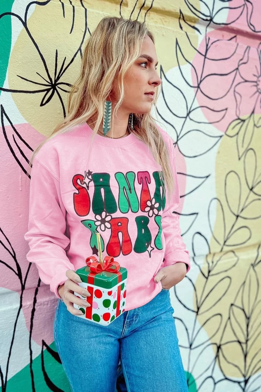 Shewin Women's Pink Santa Baby Sweet Floral Graphic Sweatshirt - Festive Holiday Pullover