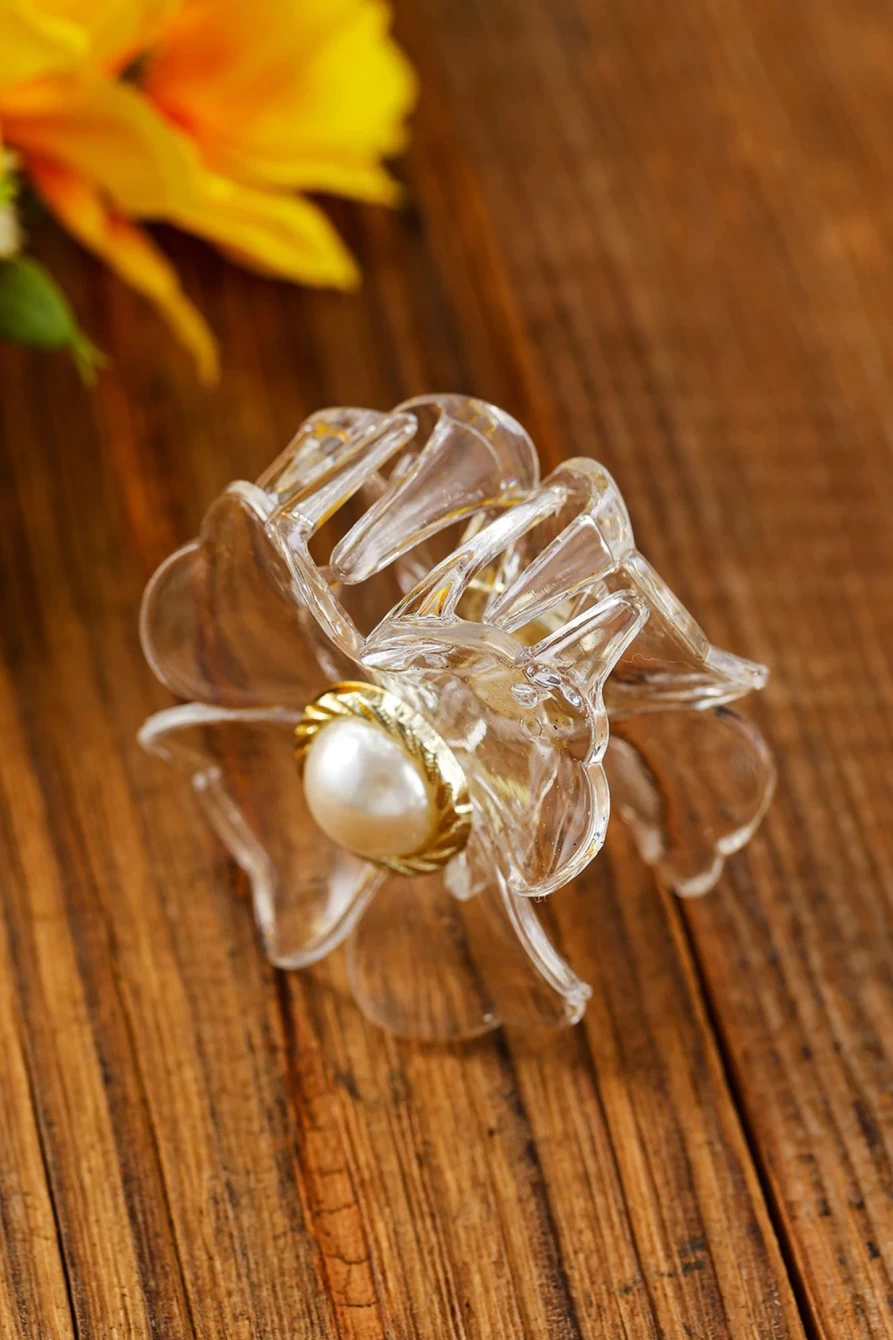 Shewin White Crystal Flower Pearl Hair Clip for Women - Elegant Grip Hair Accessory