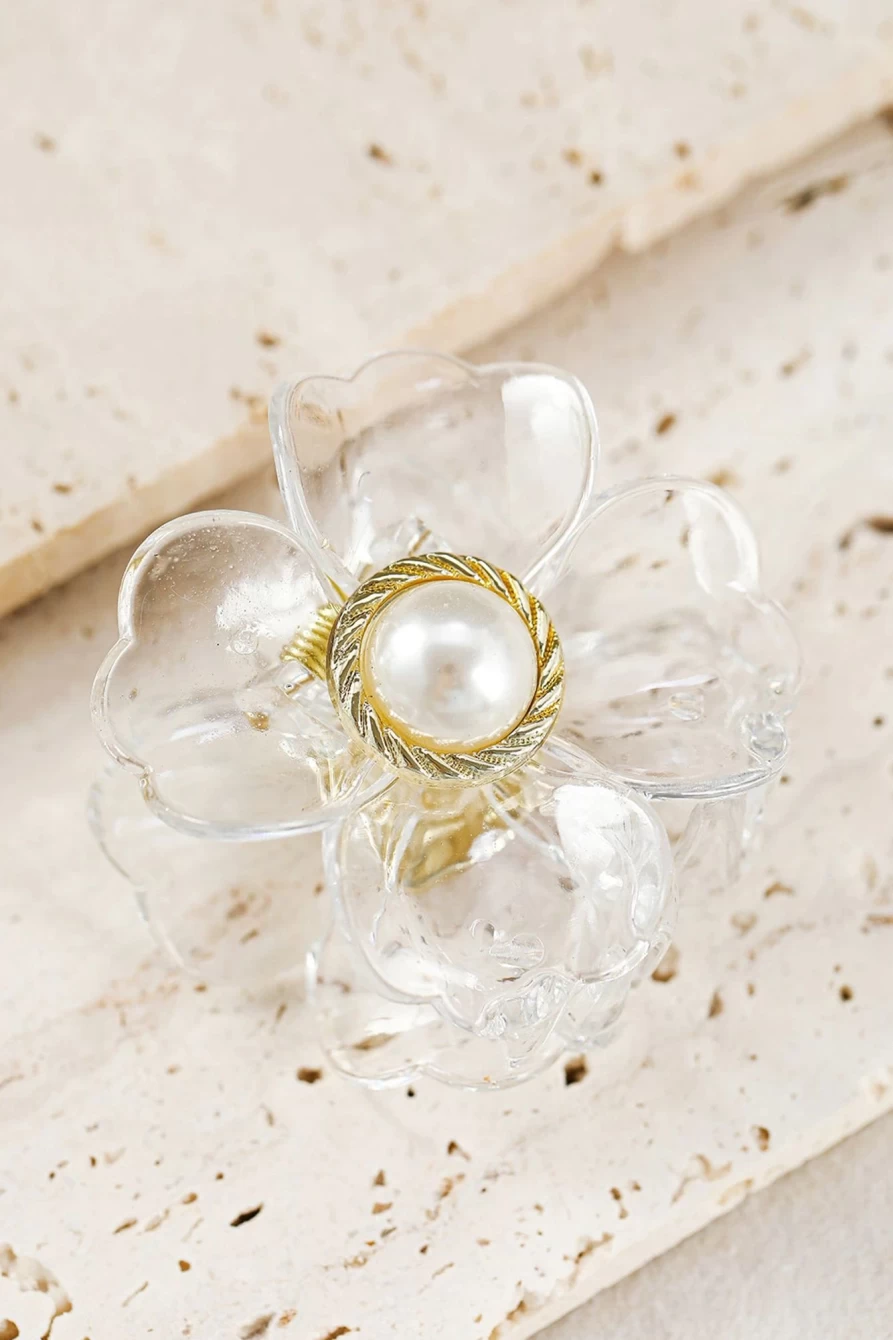 Shewin White Crystal Flower Pearl Hair Clip for Women - Elegant Grip Hair Accessory