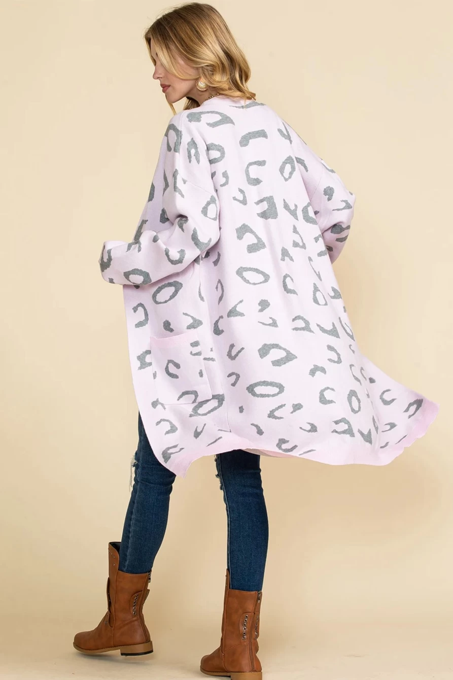 Shewin Women's Pink Leopard Print Open Front Long Cardigan with Side Pockets