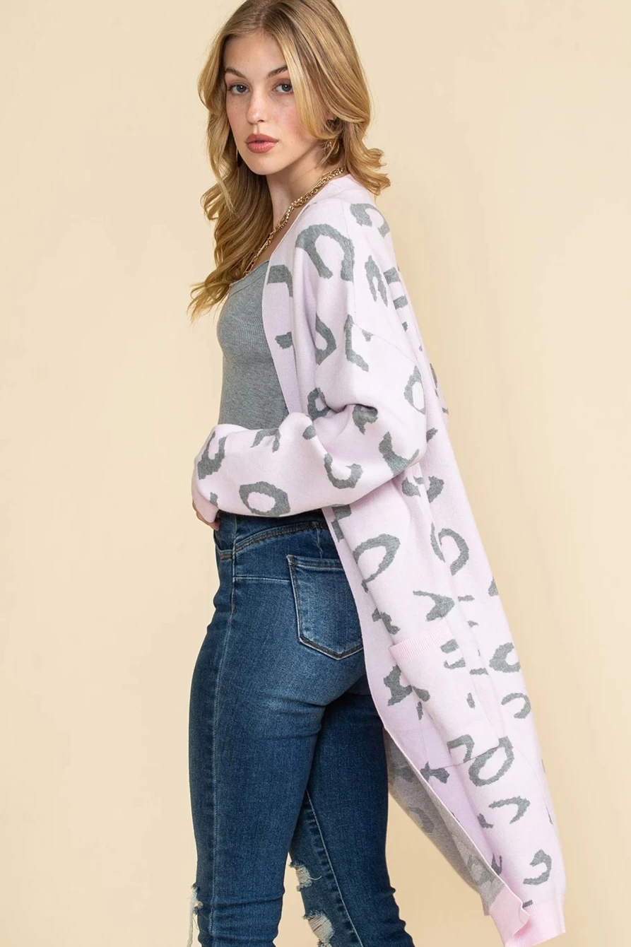 Shewin Women's Pink Leopard Print Open Front Long Cardigan with Side Pockets