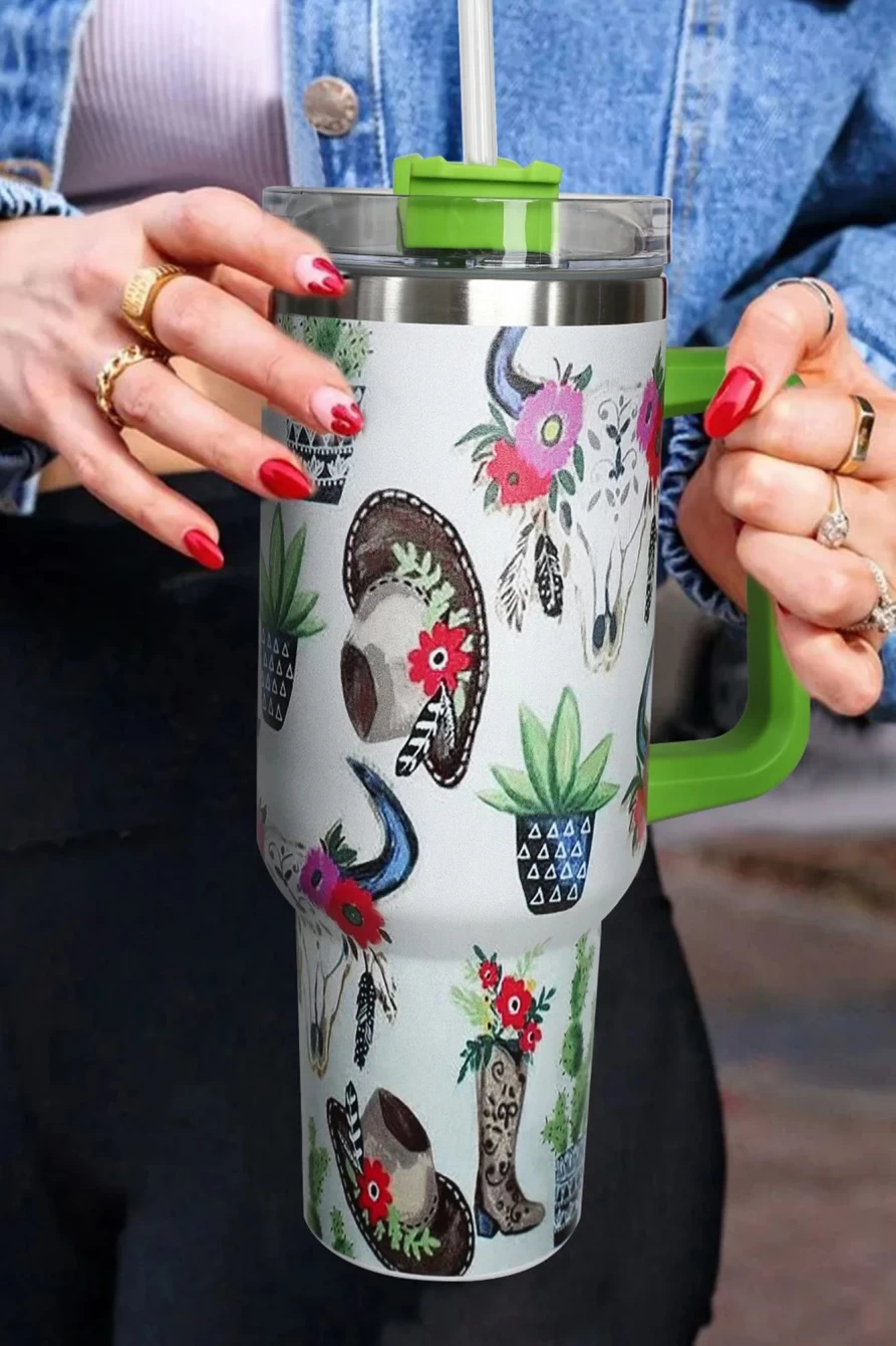 Shewin Mint Green Stainless Steel Tumbler with Lid & Straw - Floral Printed Insulated Cup for Women