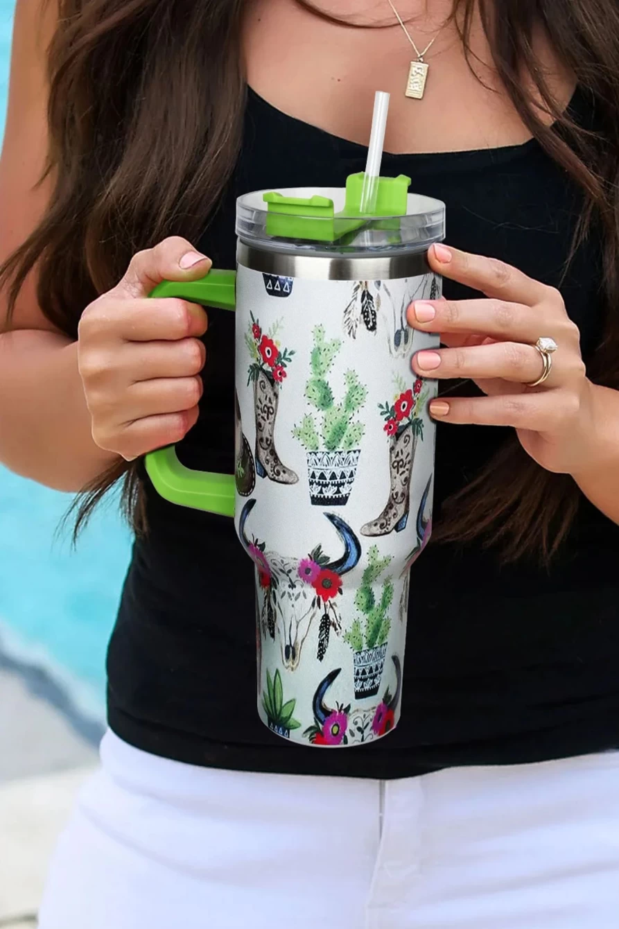 Shewin Mint Green Stainless Steel Tumbler with Lid & Straw - Floral Printed Insulated Cup for Women