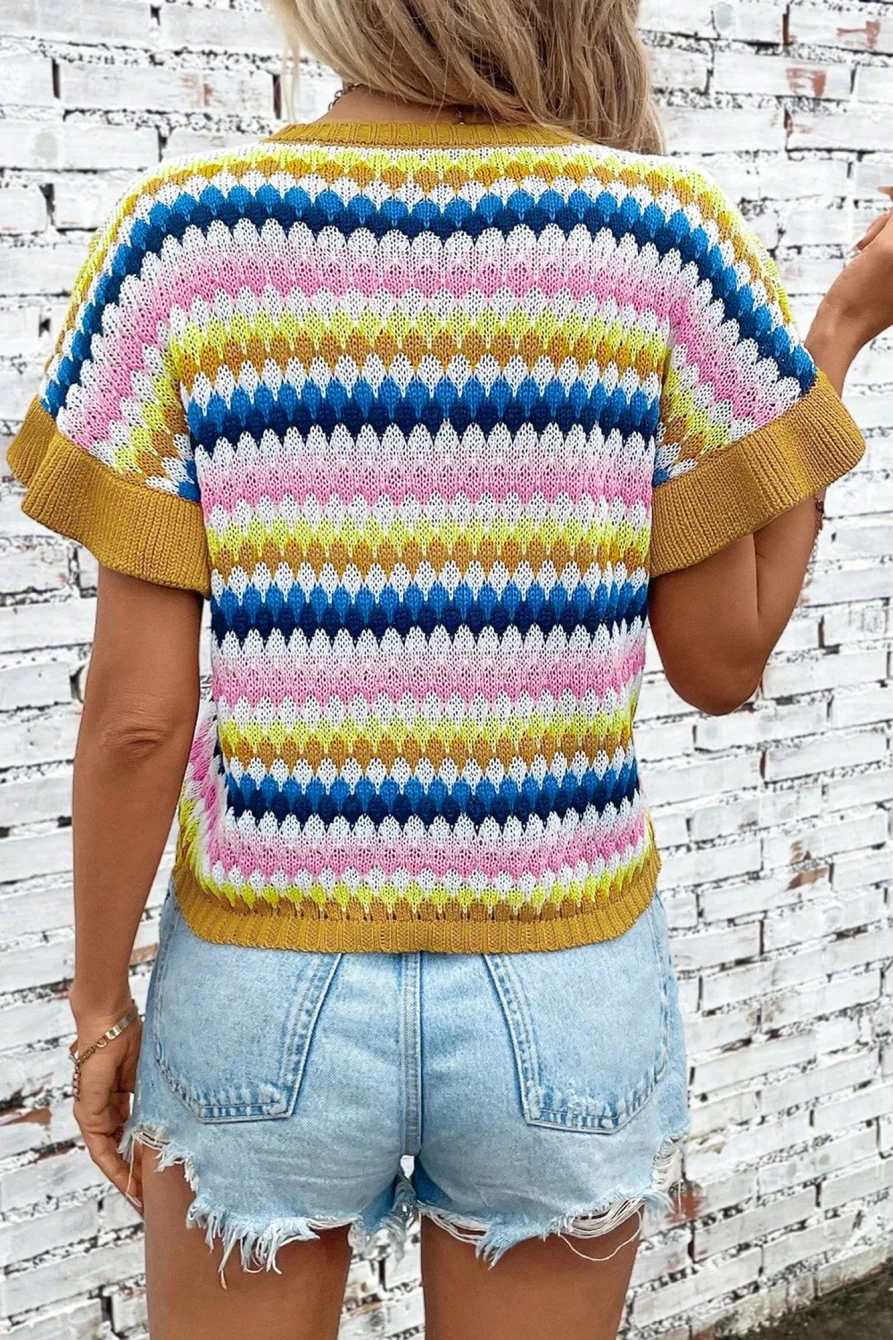 Shewin Women's Khaki Colorblock Striped Short Sleeve Knit Shirt