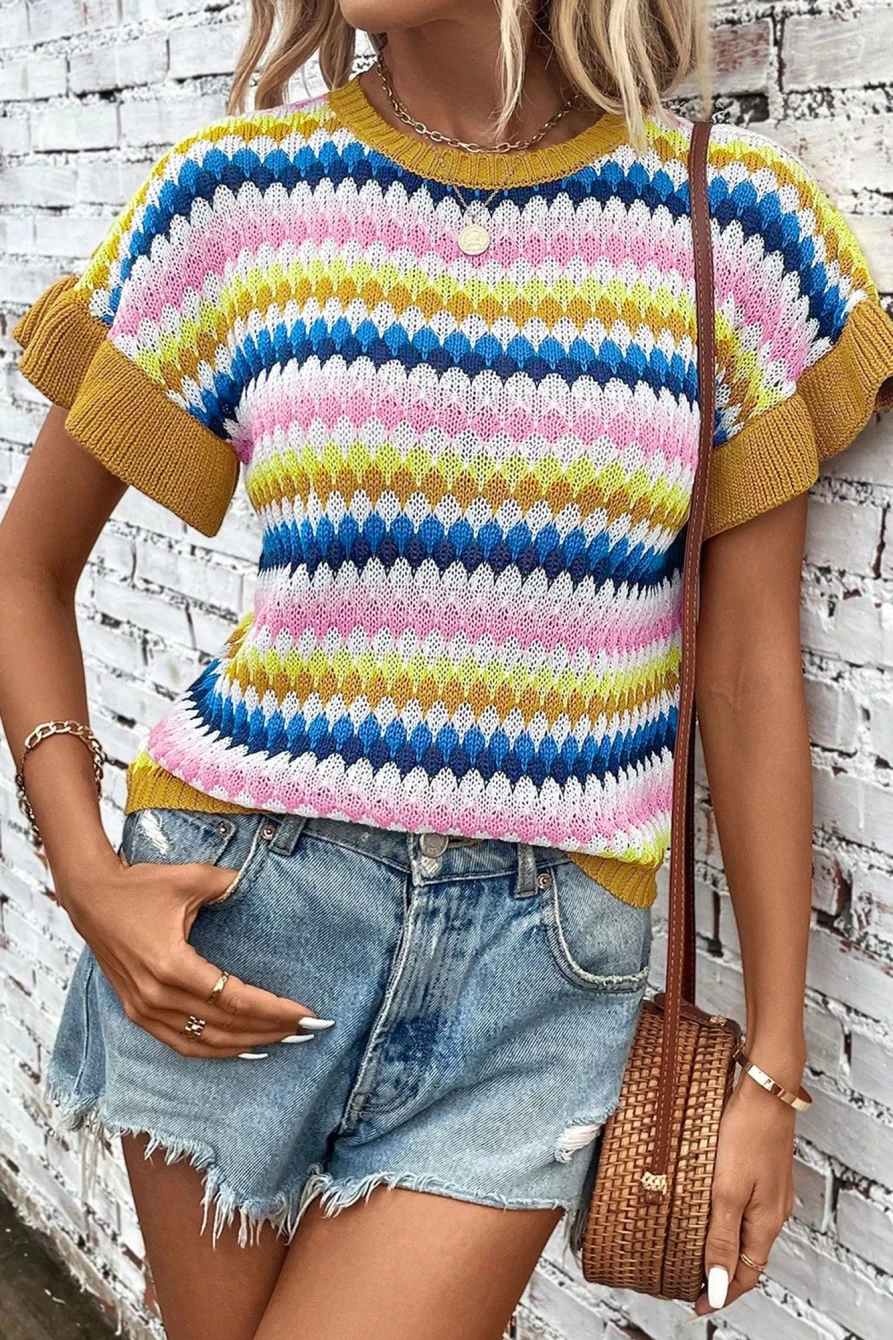 Shewin Women's Khaki Colorblock Striped Short Sleeve Knit Shirt