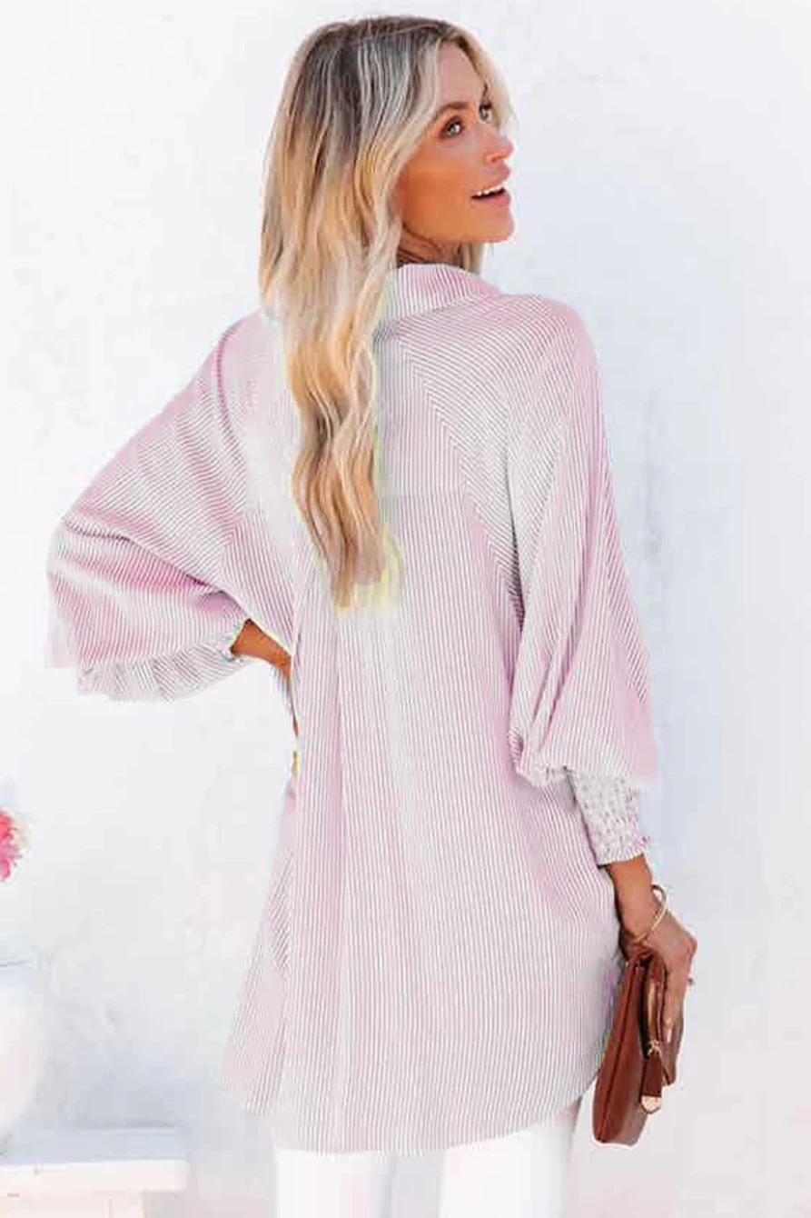 Shewin Women's Pink Striped Casual Shirt with Shirred Cuffs