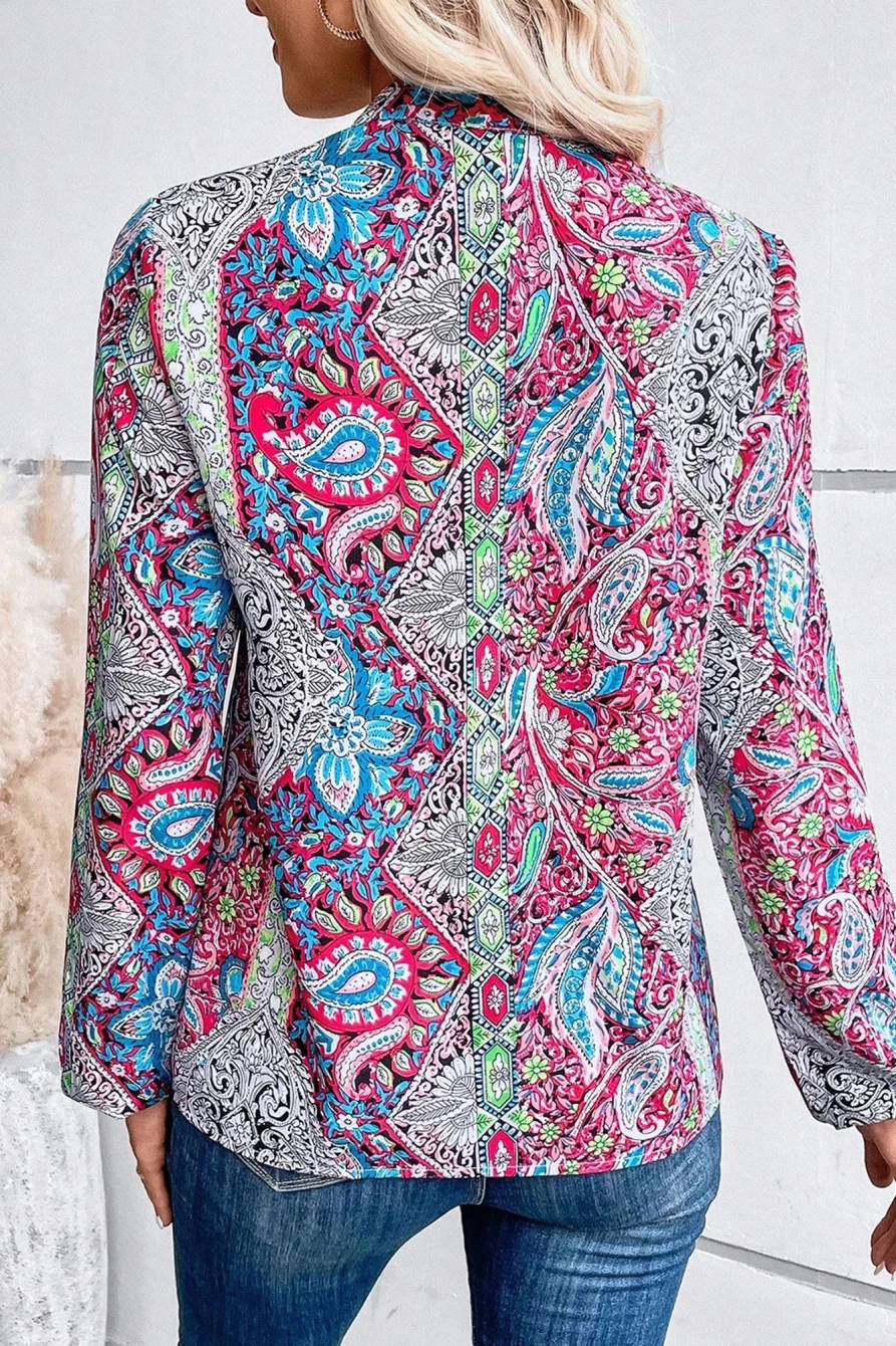 Shewin Women's Pink Vintage Boho Paisley Print Notched Neck Blouse