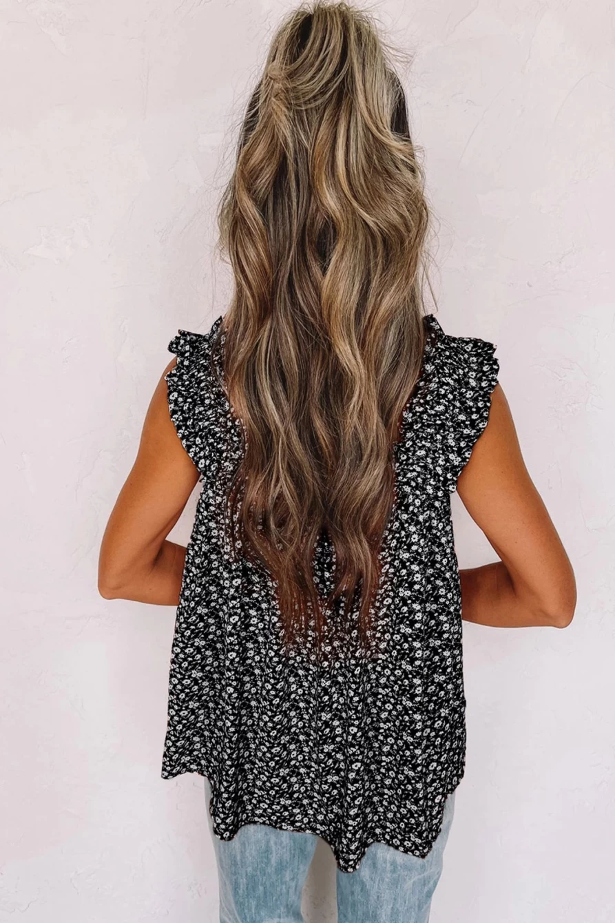 Shewin Women's Black Boho Floral Print Ruffle Straps Flowy Summer Top