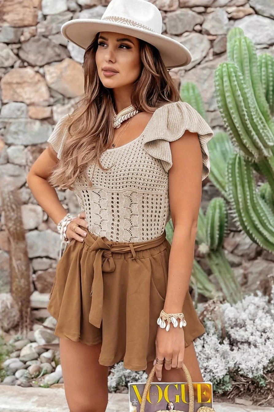 Shewin Women's Beige Flutter Sleeve Pointelle Knit Top with Hollowed Detailing