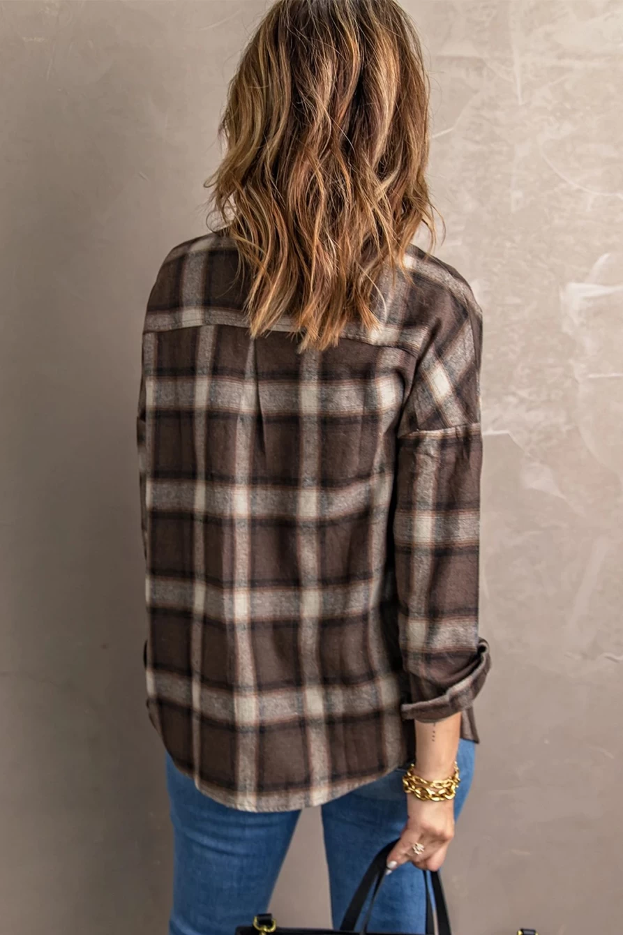 Women's Brown Plaid Long Sleeve Shacket by Shewin - Button Down Stylish Overshirt