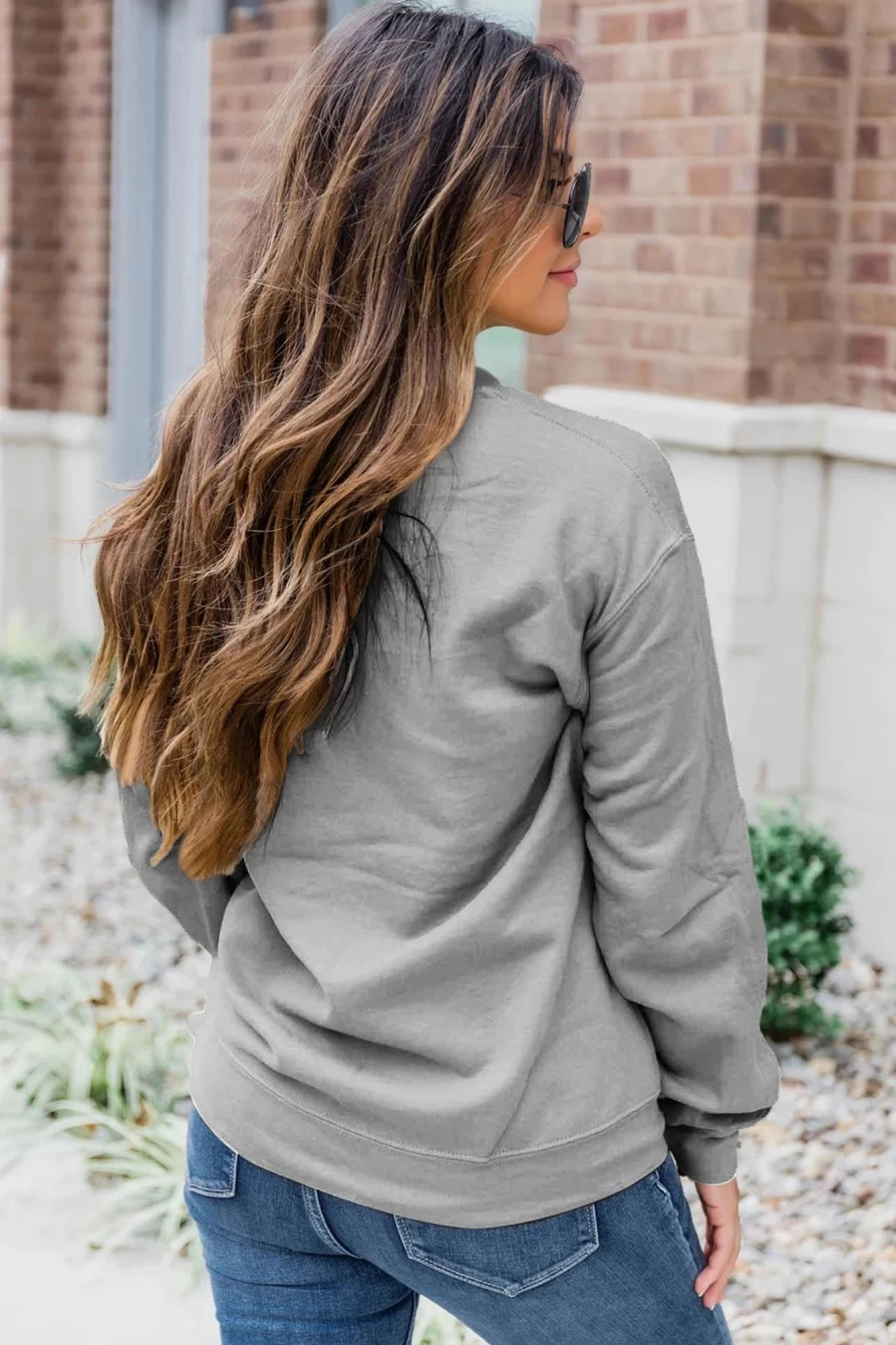 Shewin Women's Gray Classic Solid Color Crewneck Pullover Sweatshirt