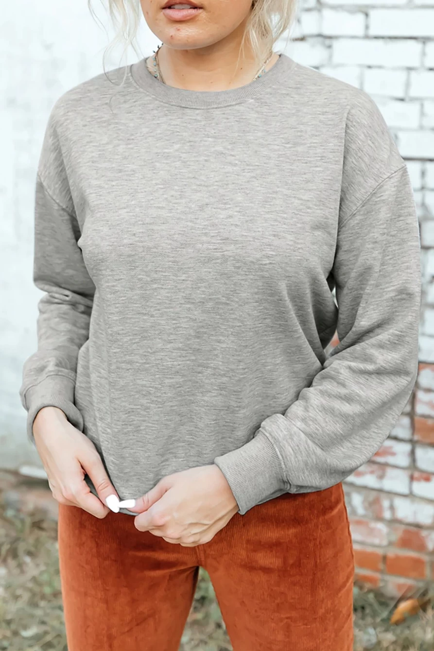 Shewin Women's Gray Classic Solid Color Crewneck Pullover Sweatshirt