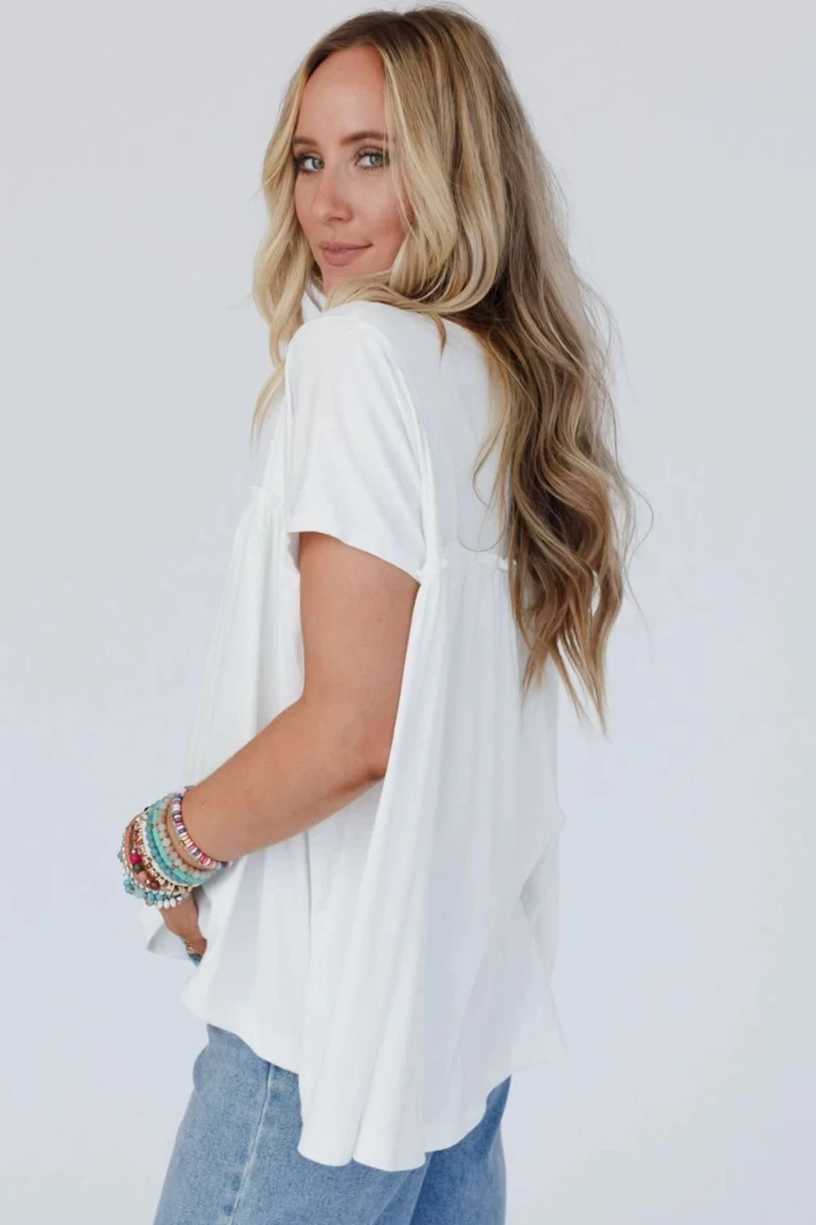Shewin Women's White Solid Color Frilled Loose Babydoll Blouse Top