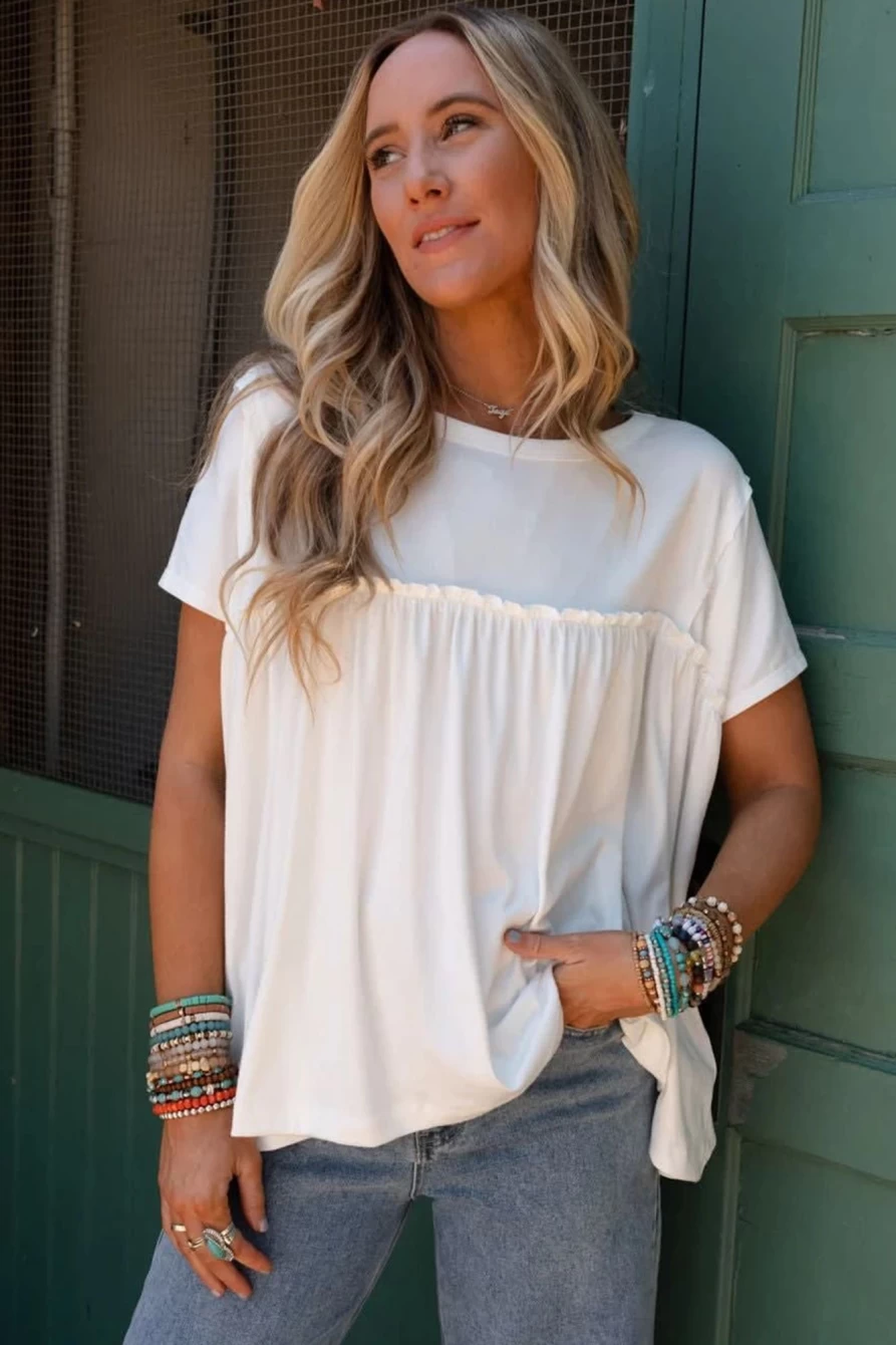 Shewin Women's White Solid Color Frilled Loose Babydoll Blouse Top