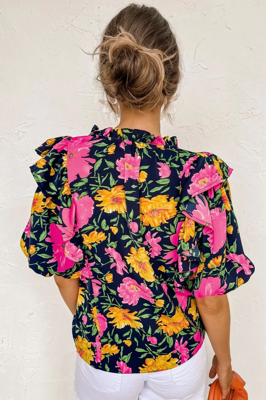 "SheWin Women's Rose Red Floral V-Neck Ruffled Blouse with Bubble Sleeves"