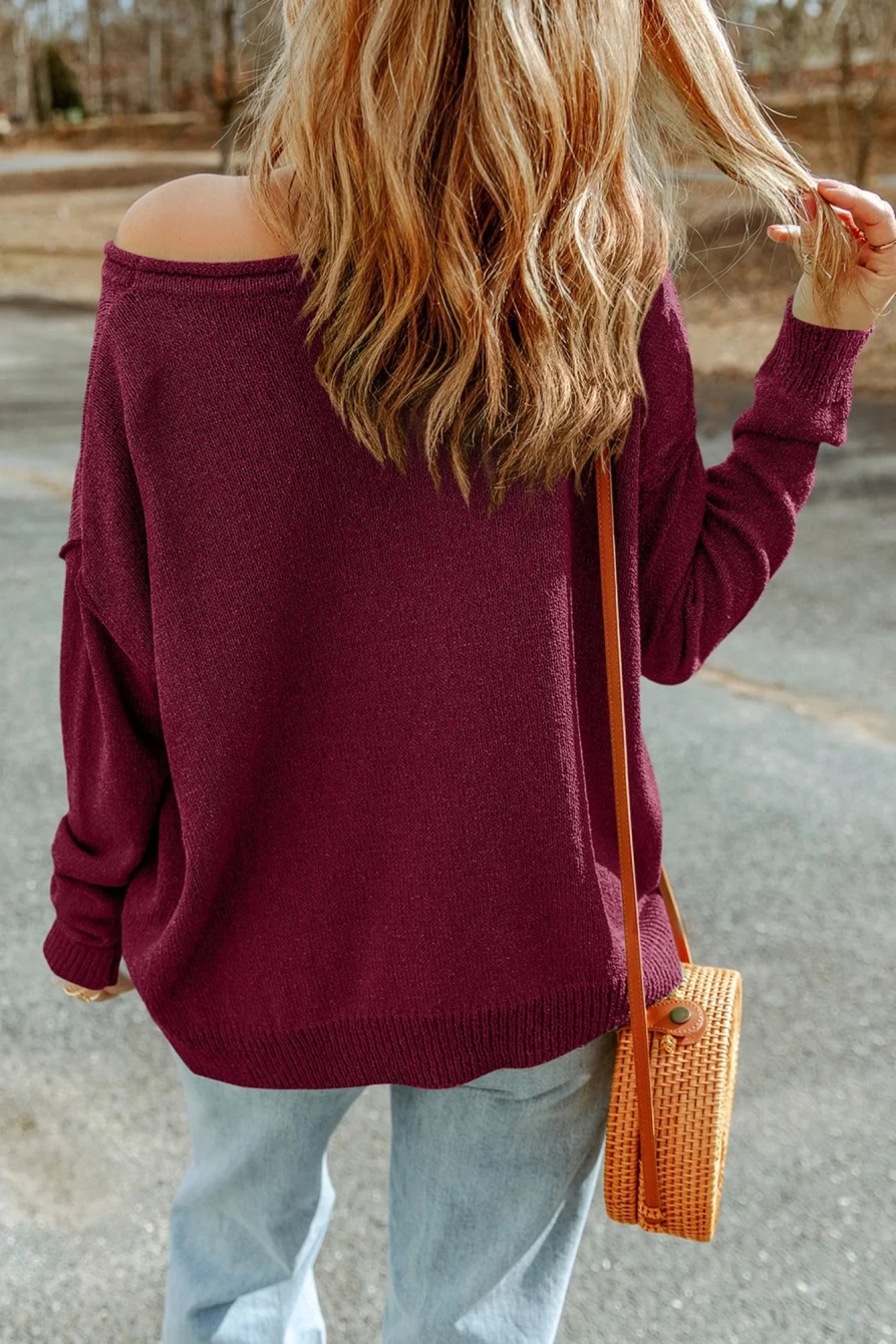 "Shewin Women's Biking Red Drop Shoulder Knitted Pullover Sweater - Solid Color Casual Warm Top"