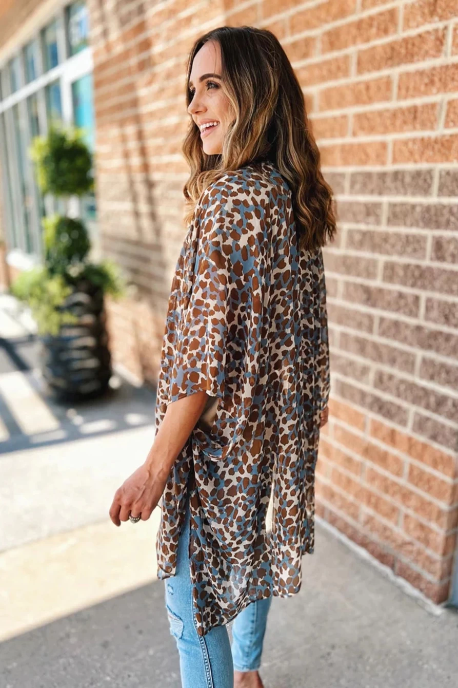 Shewin Women's Leopard Print Flowy Kimono Cardigan - Color Block Open Front Caidigan