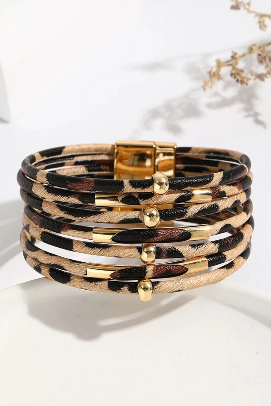 "Shewin Women's Brown Multi-Layer Leopard Print Beaded Magnetic Clasp Bracelet"