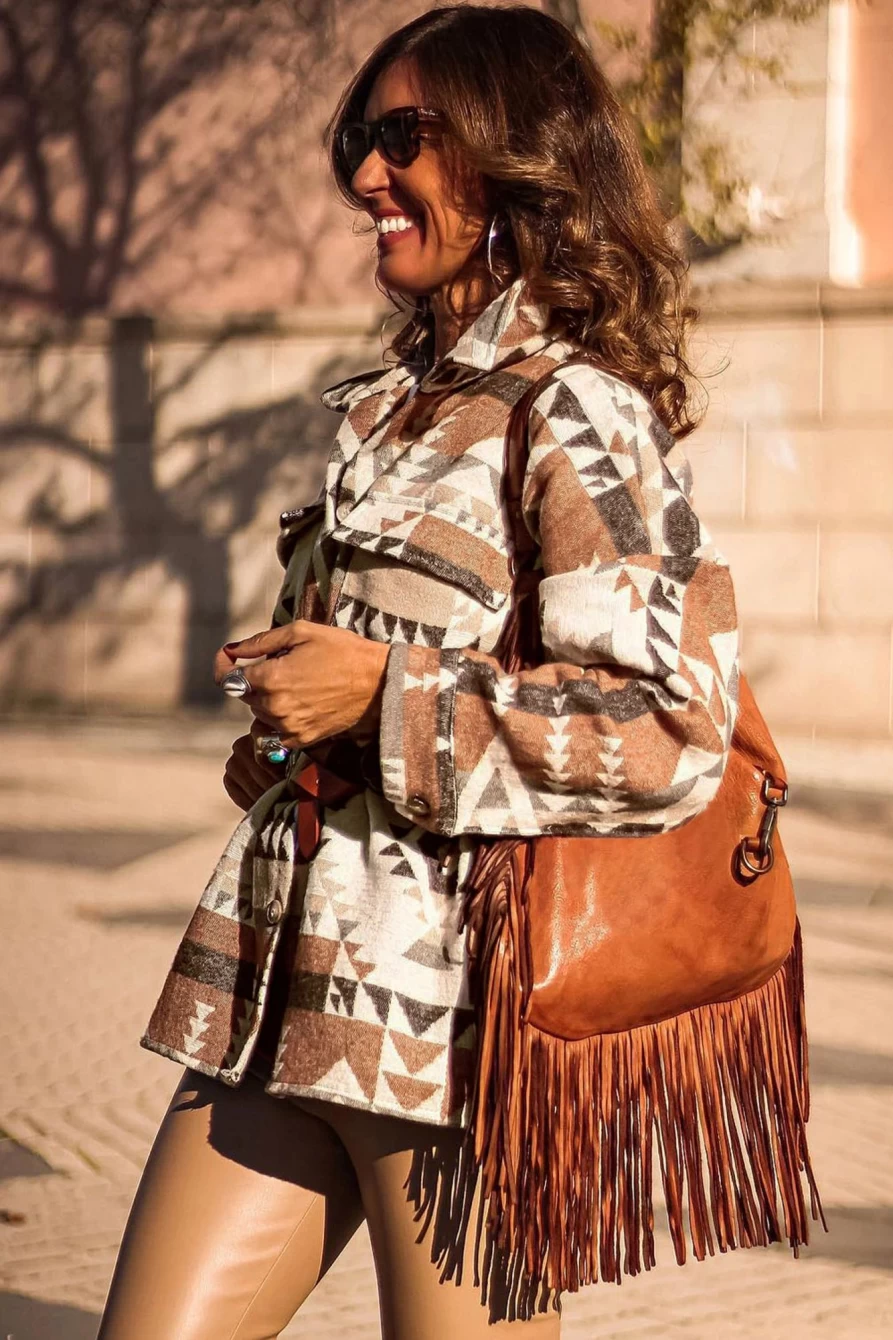 Shewin Women's Brown Geometric Print Jacket with Colorblock Design & Flap Pockets