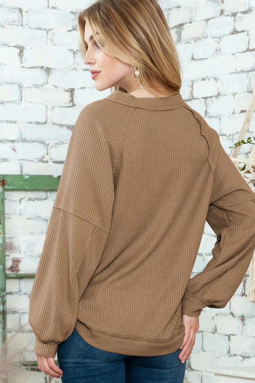 Shewin Women's Khaki Waffle Knit Cardigan with Exposed Seam Button Front