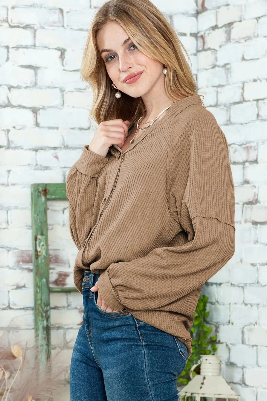 Shewin Women's Khaki Waffle Knit Cardigan with Exposed Seam Button Front