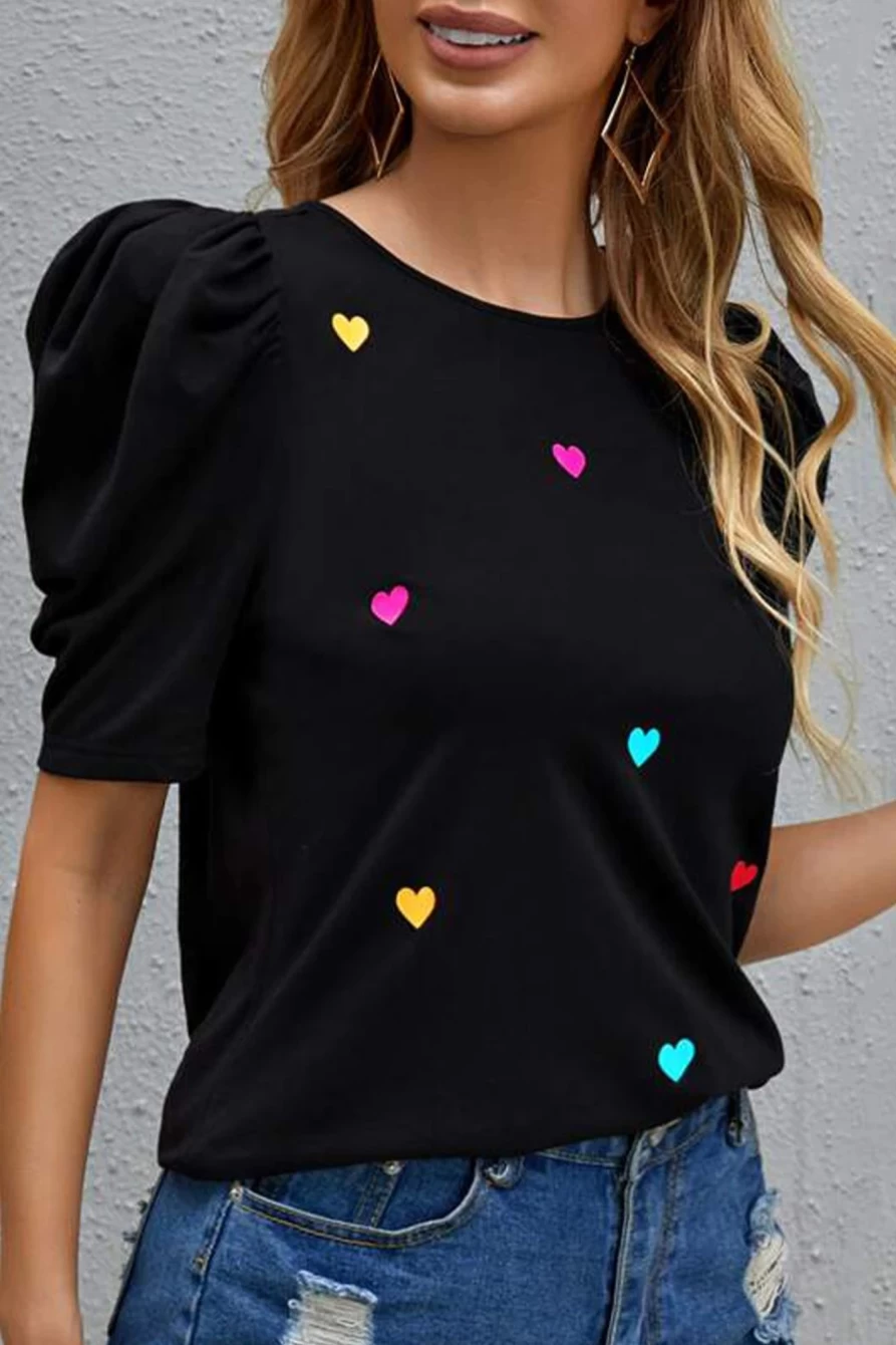 "SheWin Women's Pink Heart Print Puff Short Sleeve Blouse Top"