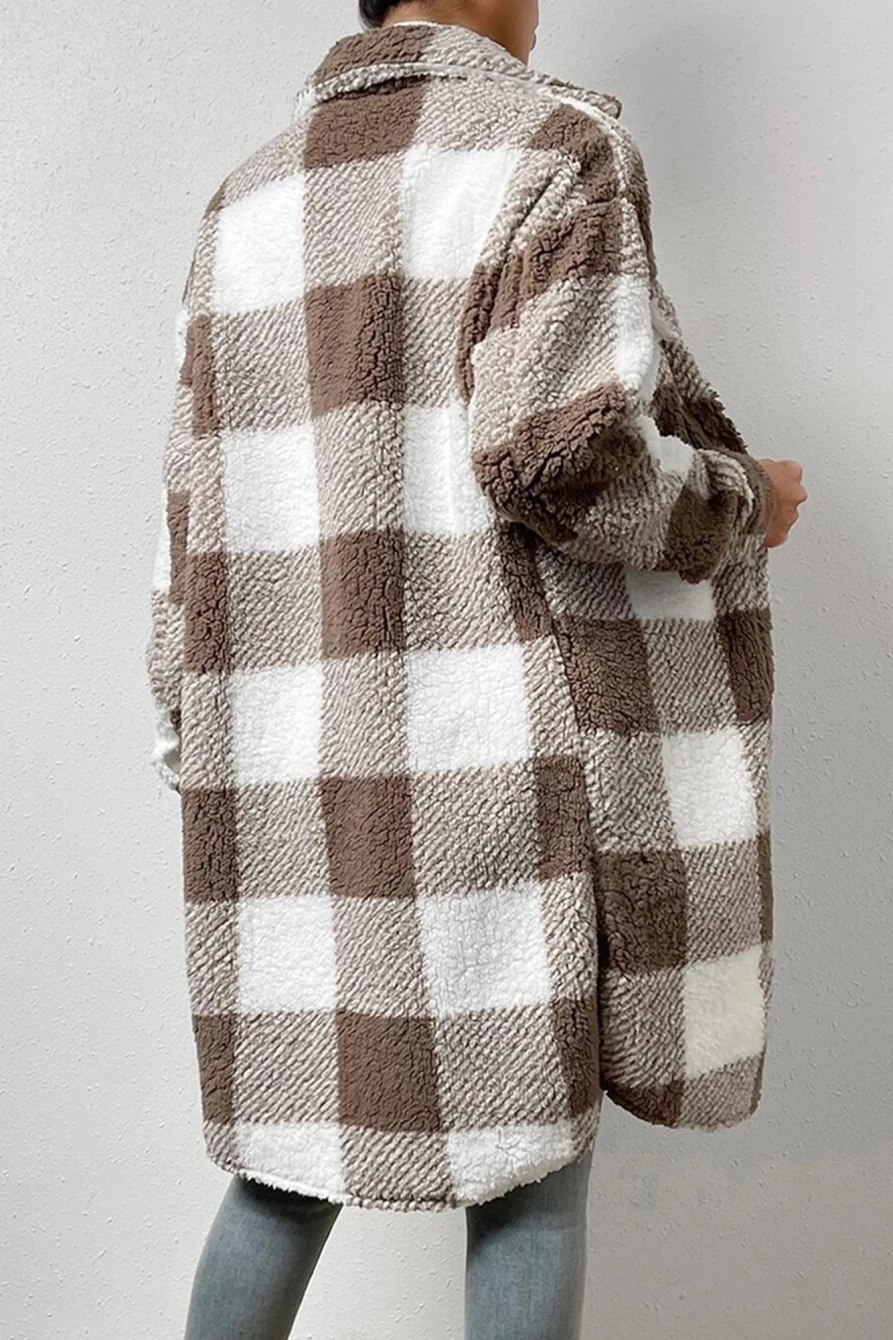 Shewin Women's Brown Fleece Plaid Midi Coat with Pockets and Button Front