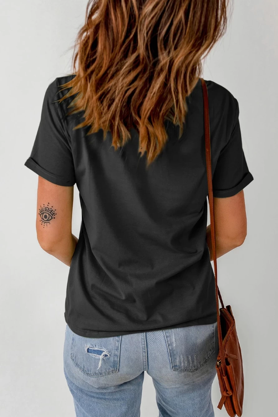 Shewin Women's Black Thankful Pumpkin Graphic Print Crew Neck T-Shirt