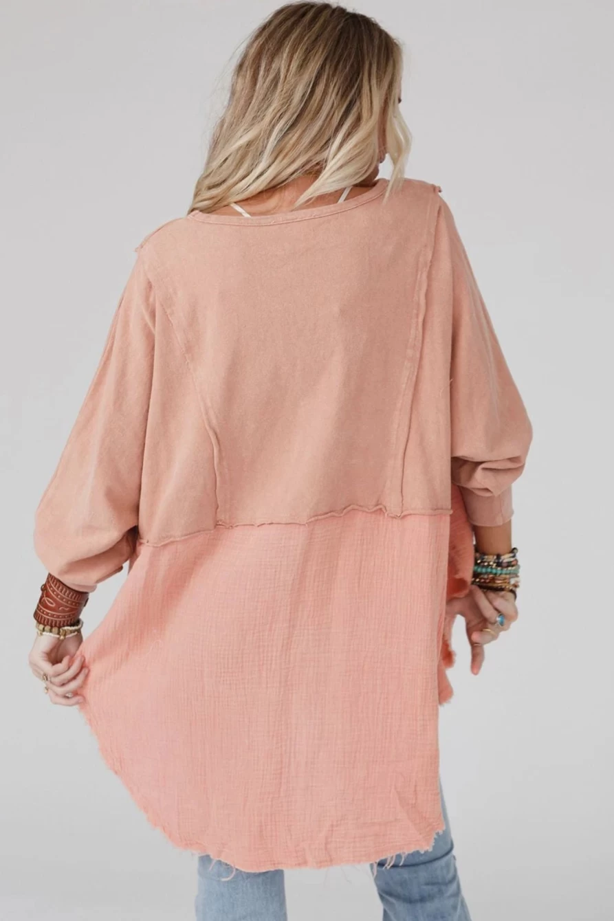 Shewin Women's Orange Crinkled Patchwork Oversized Top with Raw Hem Detail