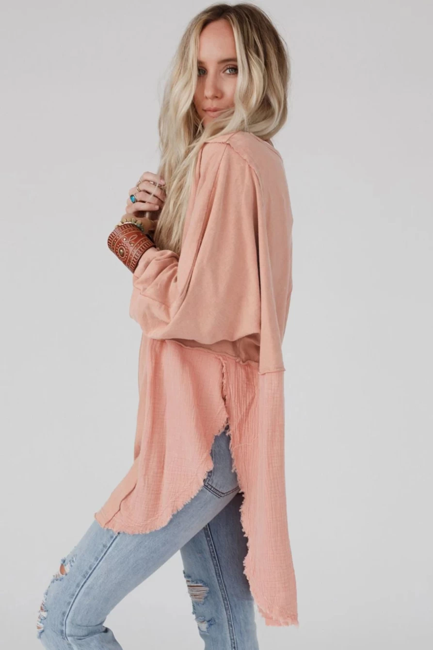 Shewin Women's Orange Crinkled Patchwork Oversized Top with Raw Hem Detail