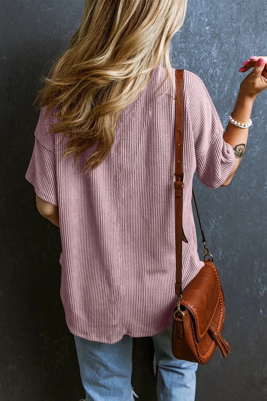Shewin Women's Valerian Ribbed V-Neck Drop Sleeve Pocket T-Shirt