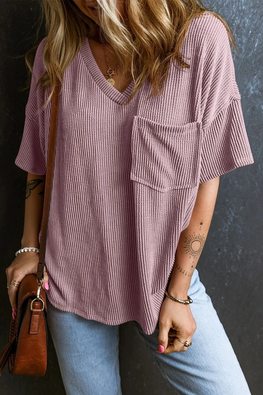 Shewin Women's Valerian Ribbed V-Neck Drop Sleeve Pocket T-Shirt