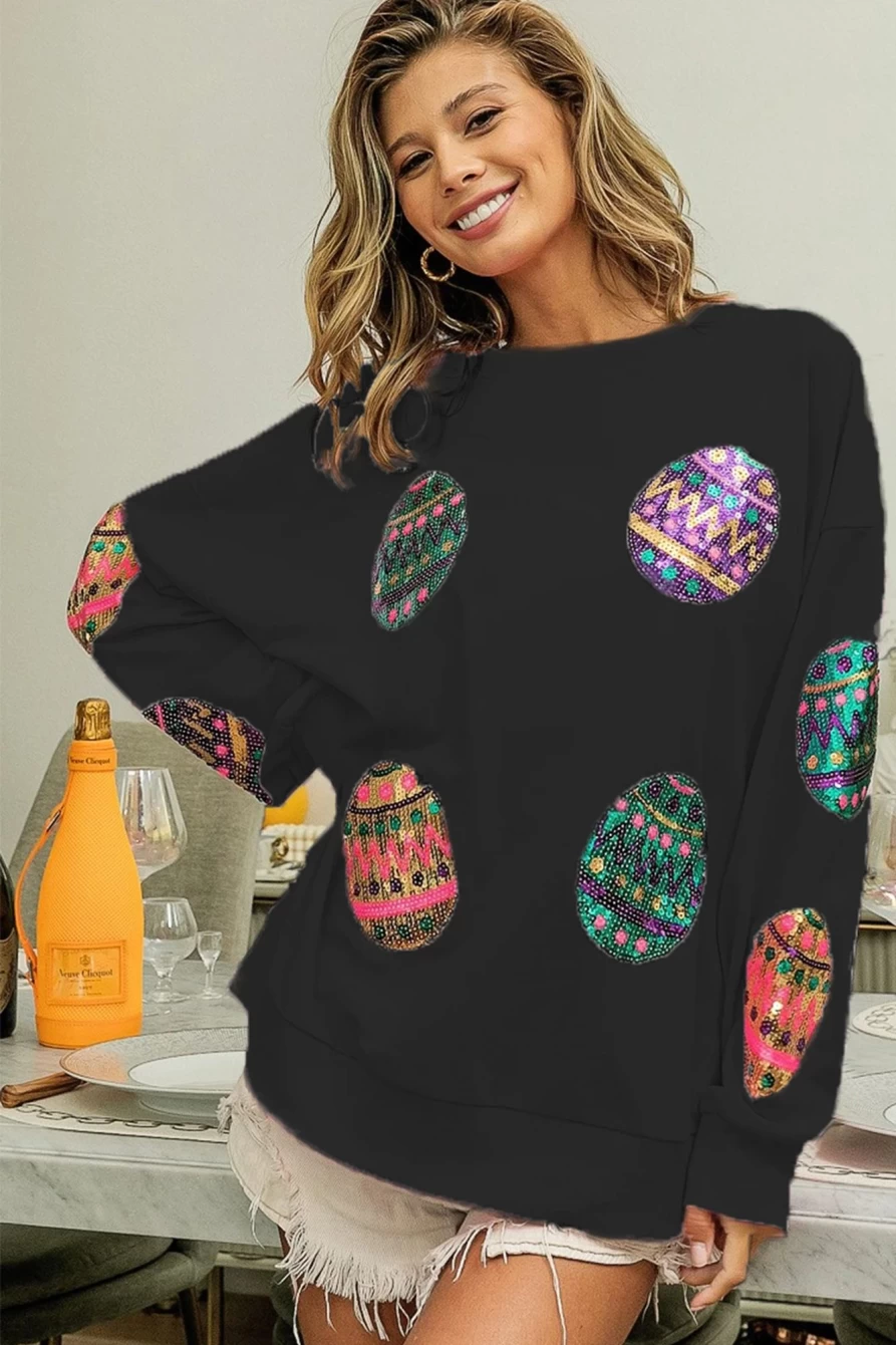 Shewin Women's Black Sequin Easter Egg Oversized Drop Shoulder Sweatshirt
