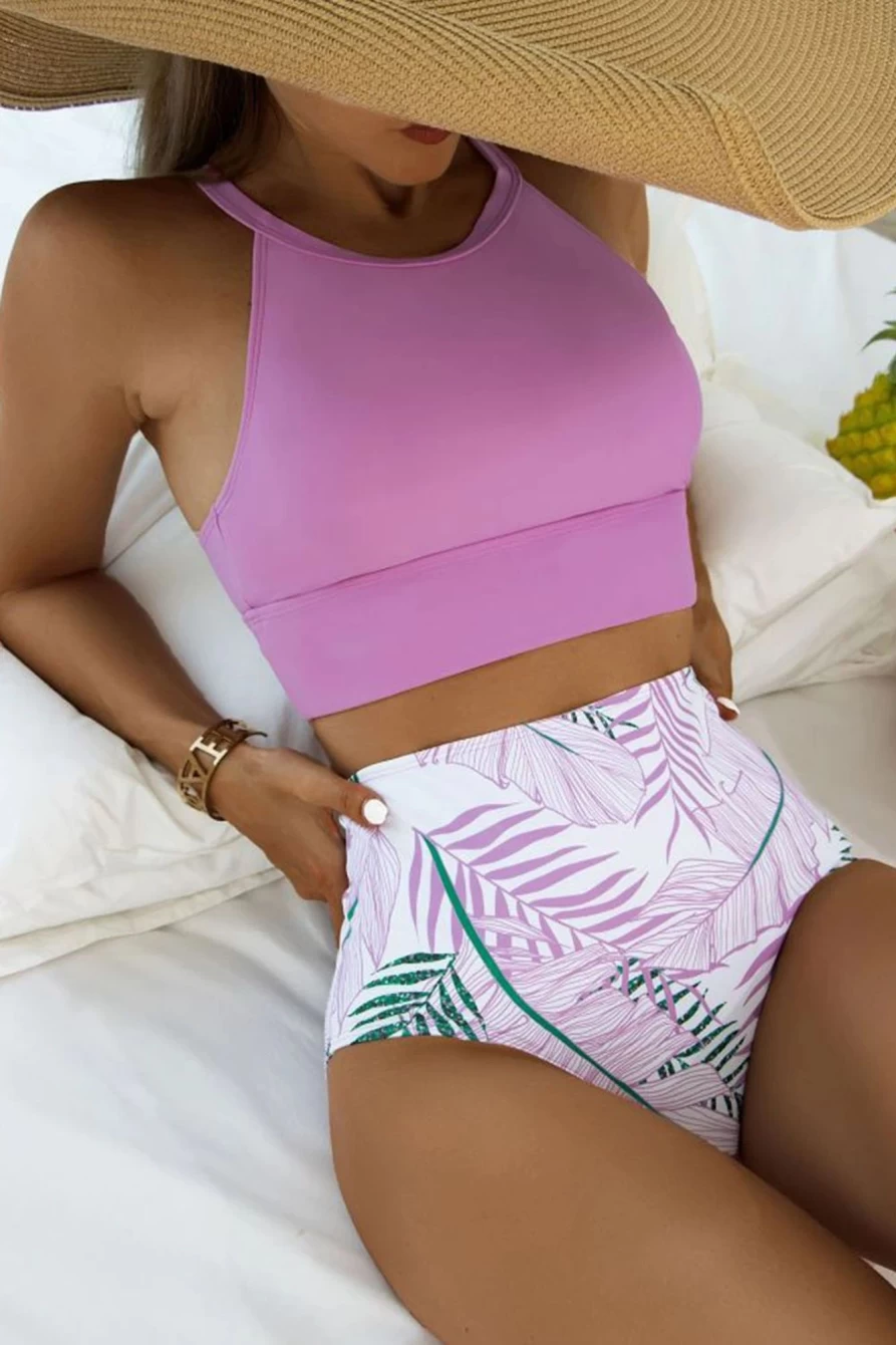 Shewin Women's Purple Tropical Print High Waisted Swimsuit with Back Split & Color Block Design