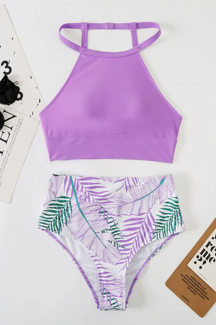 Shewin Women's Purple Tropical Print High Waisted Swimsuit with Back Split & Color Block Design