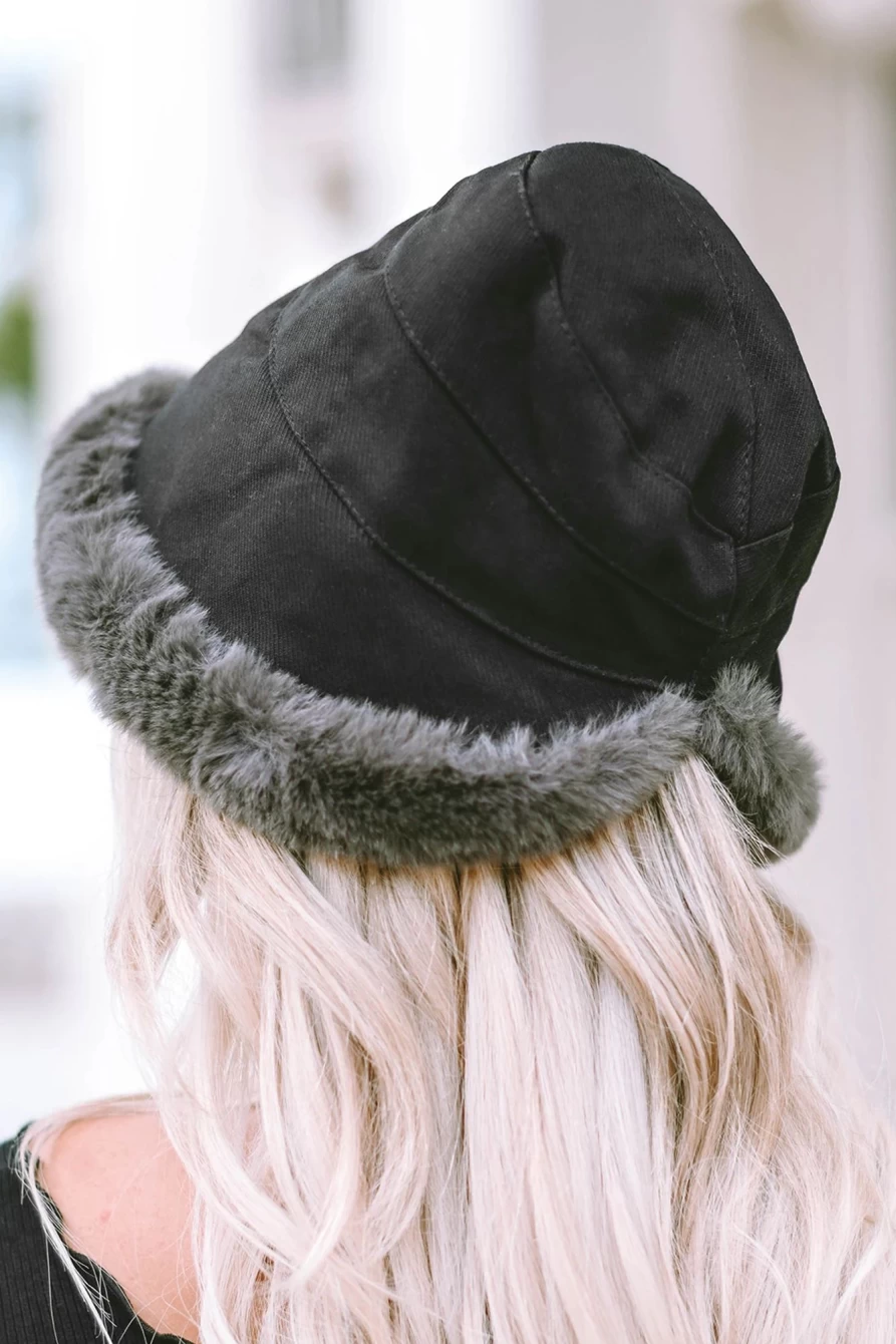 Shewin Women's Black Furry Edge Thermal Bucket Hat - Winter Warm Fleece Lined Beanie