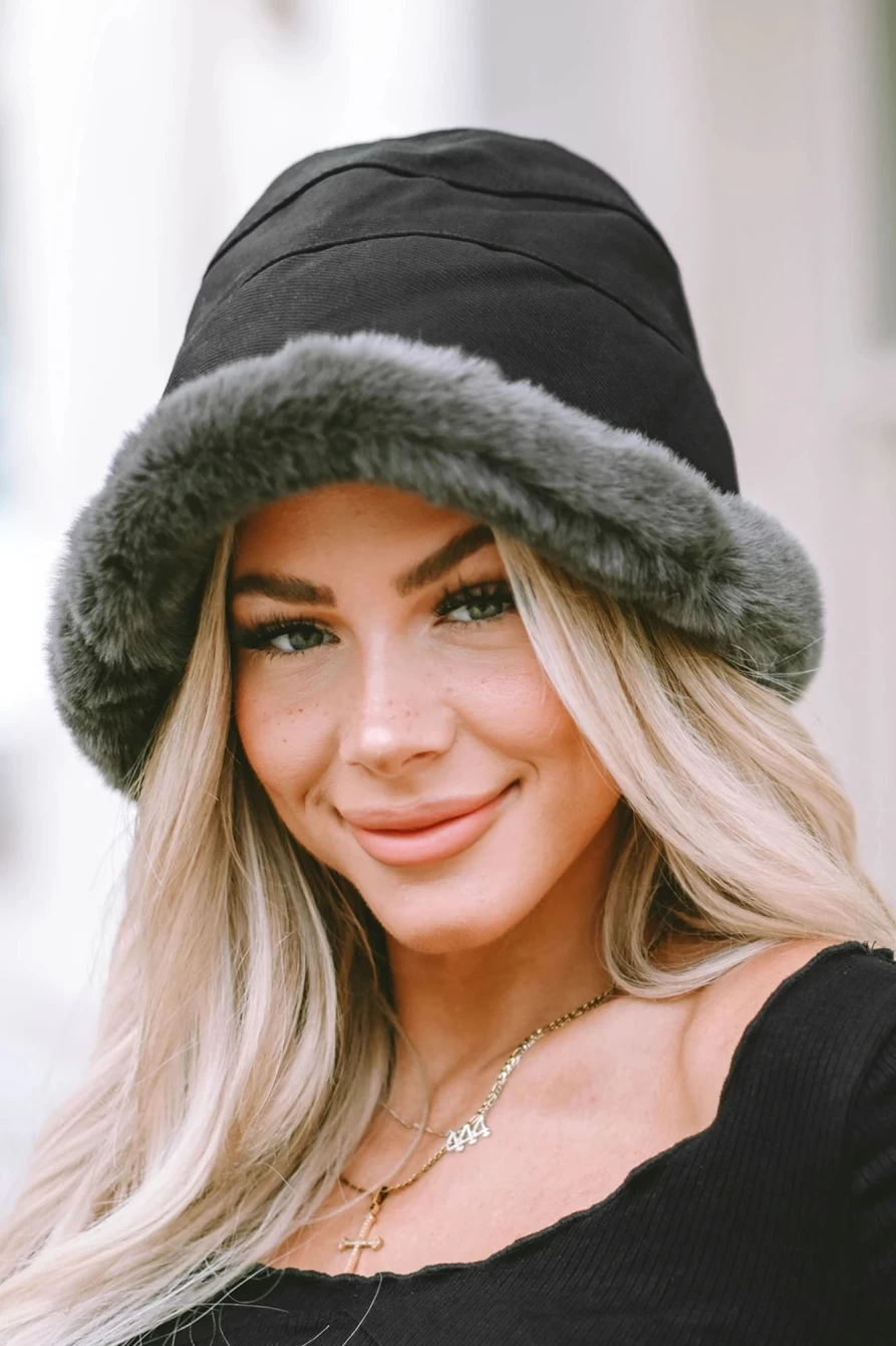 Shewin Women's Black Furry Edge Thermal Bucket Hat - Winter Warm Fleece Lined Beanie