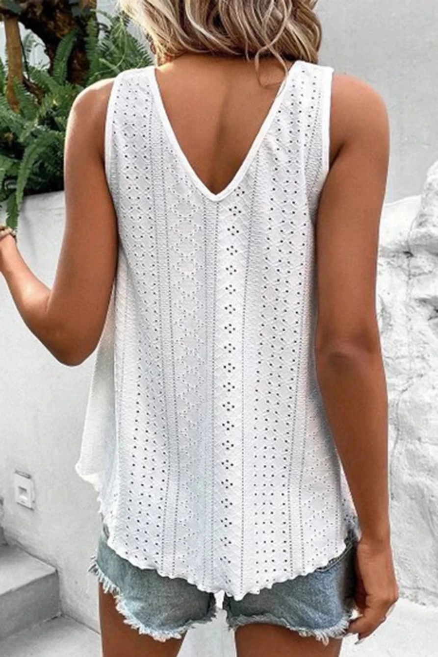 Shewin Women's White Lace Crochet Eyelet V-Neck Tank Top - Elegant Splicing Design